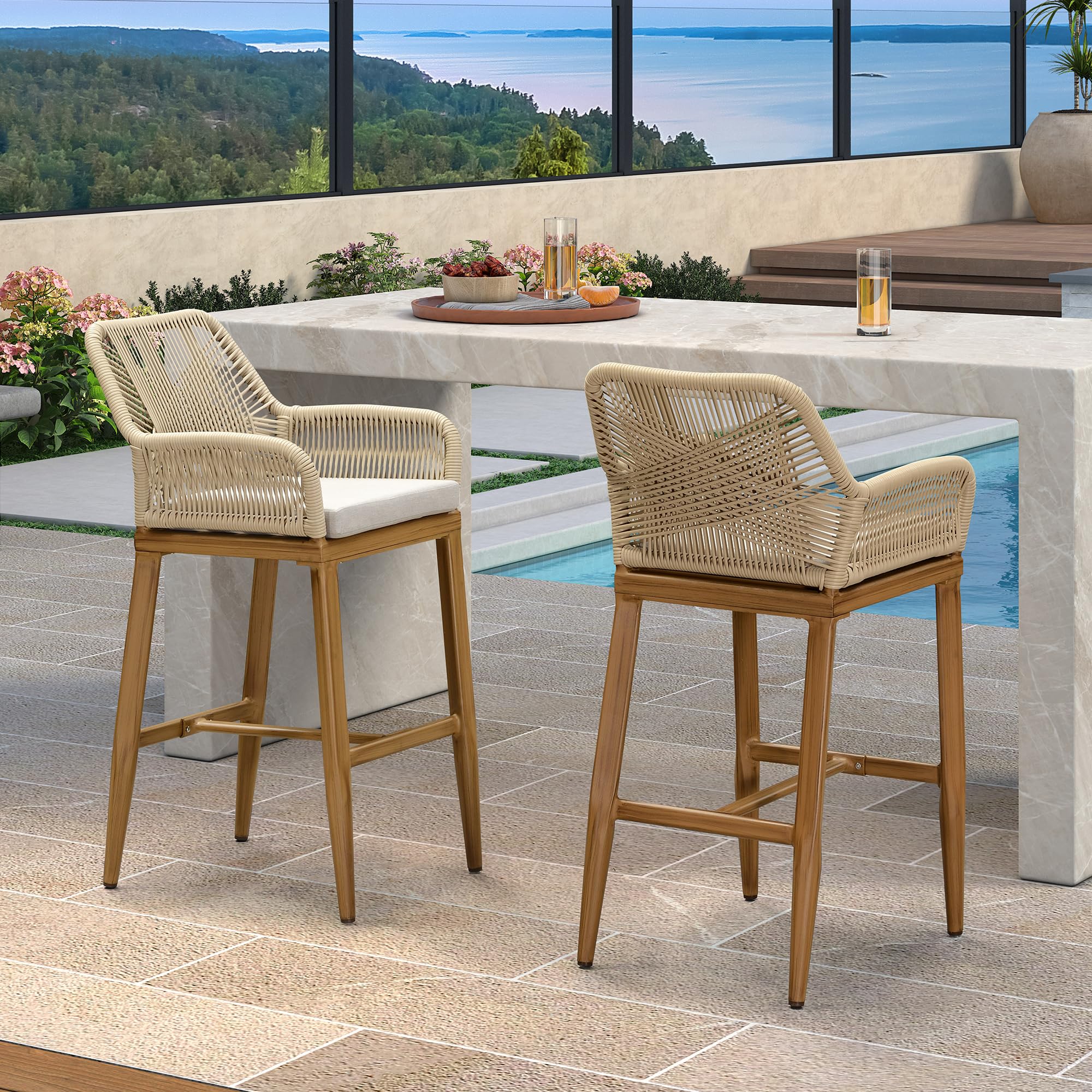 PURPLE LEAF LS04-SX-GB02-MZ 2 -Set Teak 28.54-in H Bar height Square seat Upholstered Metal Bar Stool with Arms and Back
