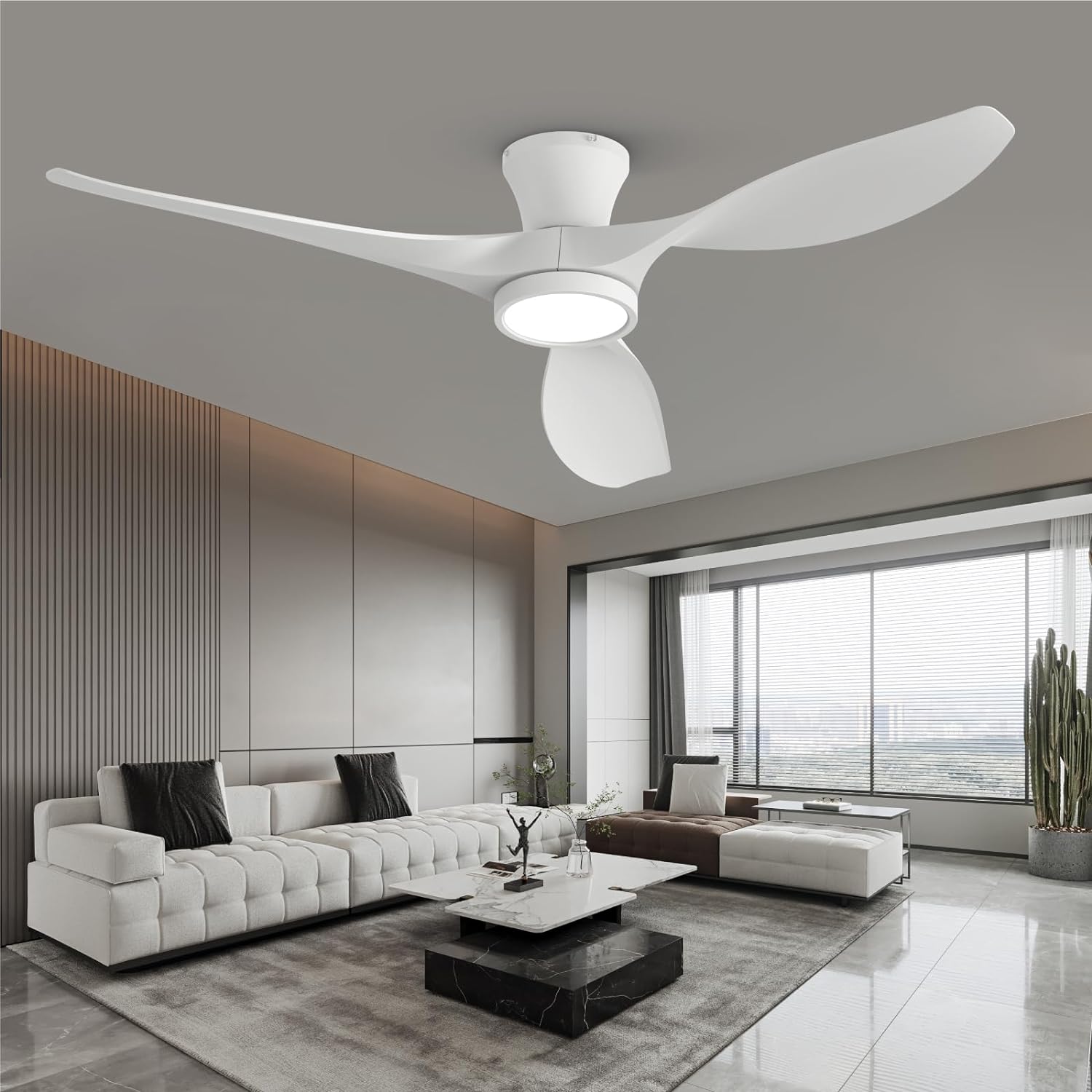 ocioc OC52-WE-3X-R3 RTHREE 52-in Integrated LED Flush Mount Matte White with Matte White Blades Ceiling Fan With Light and Remote ( 3 -Blade )