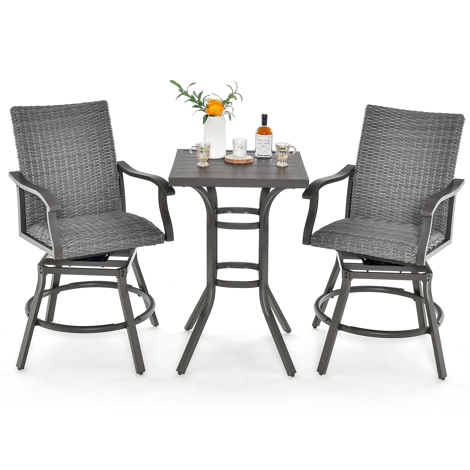 Volenca 3-Piece Patio Rattan Swivel Bar Set with 4D Air Fiber Cushions and Footrests