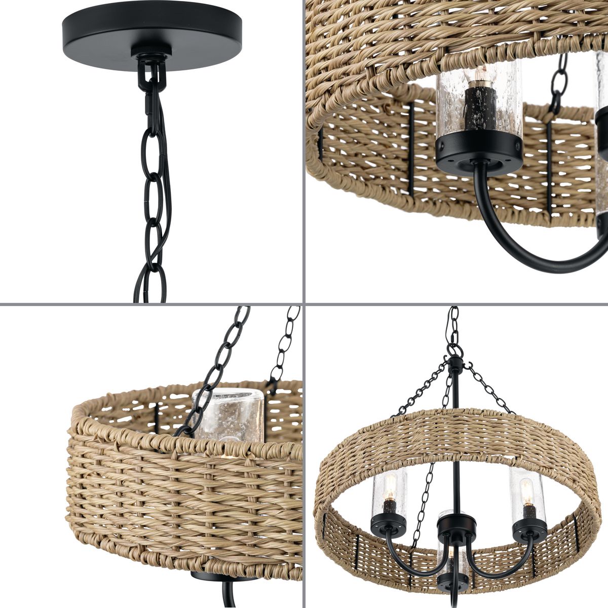 Pembroke Matte Black Outdoor Chandelier with Mocha Rattan and Seeded Glass