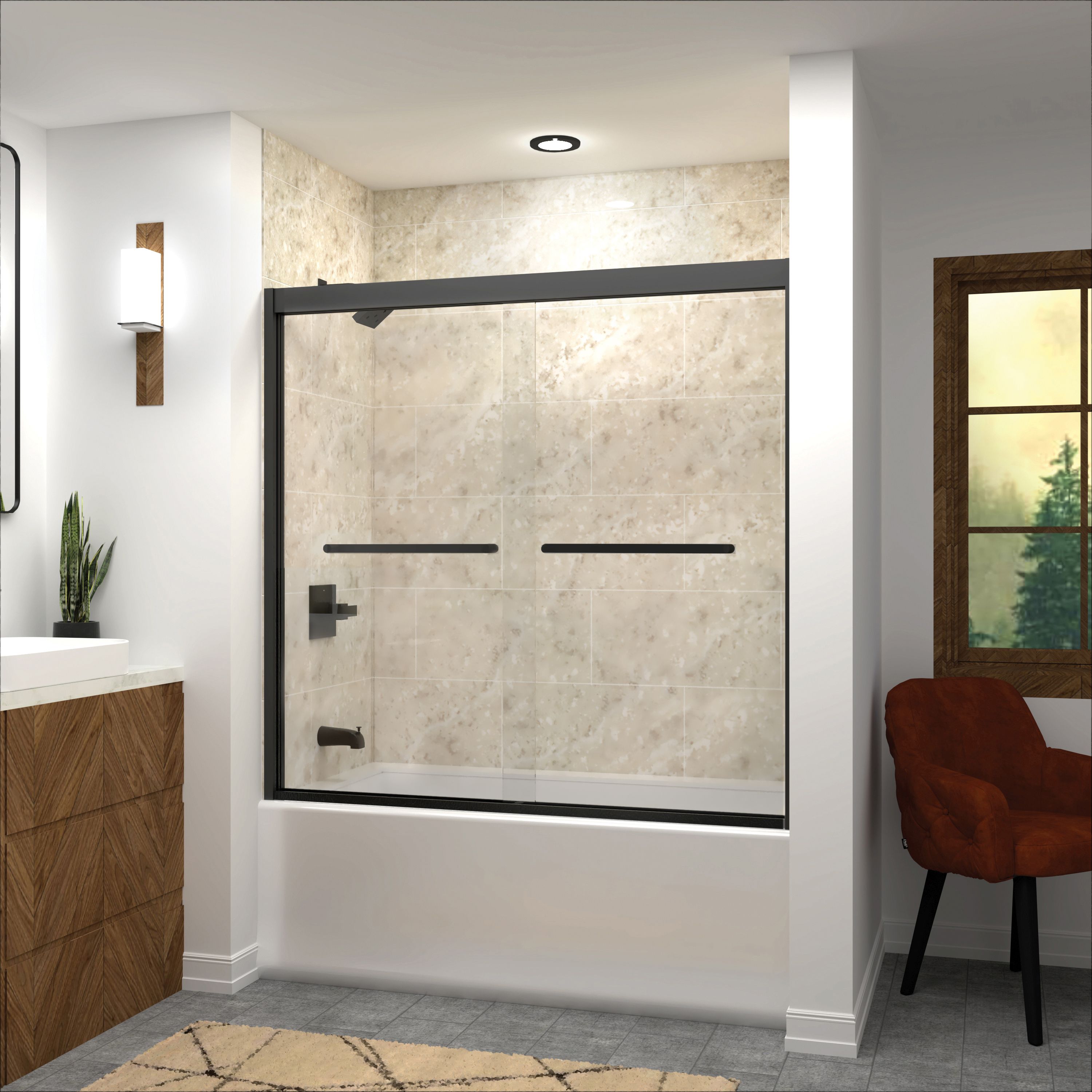 Transolid FBPT606608C-R-MB Frederick Matte Black 57-3/4-in to 59-in x 66-in Semi-frameless Bypass Sliding Soft Close Shower Door