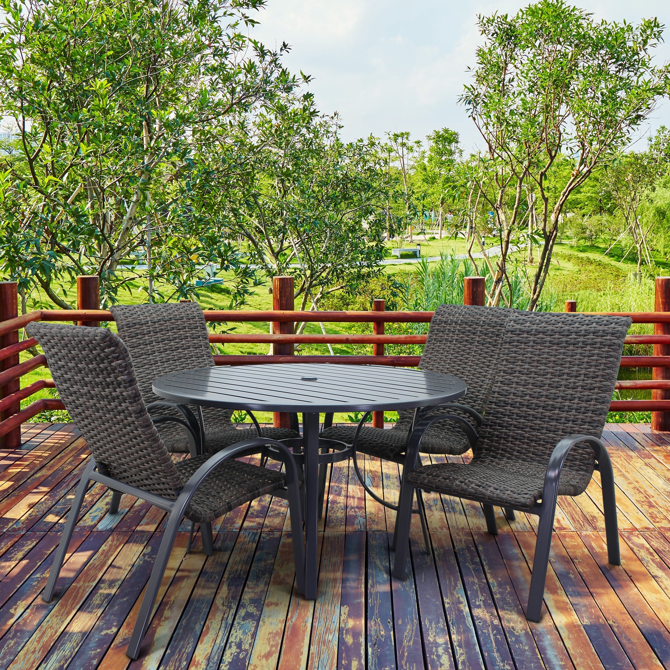 Courtyard Casual 5179 Santa fe 5 -Piece Dark Gray Woven Patio Dining Set Aluminum Round Table with 4 Stationary Chairs
