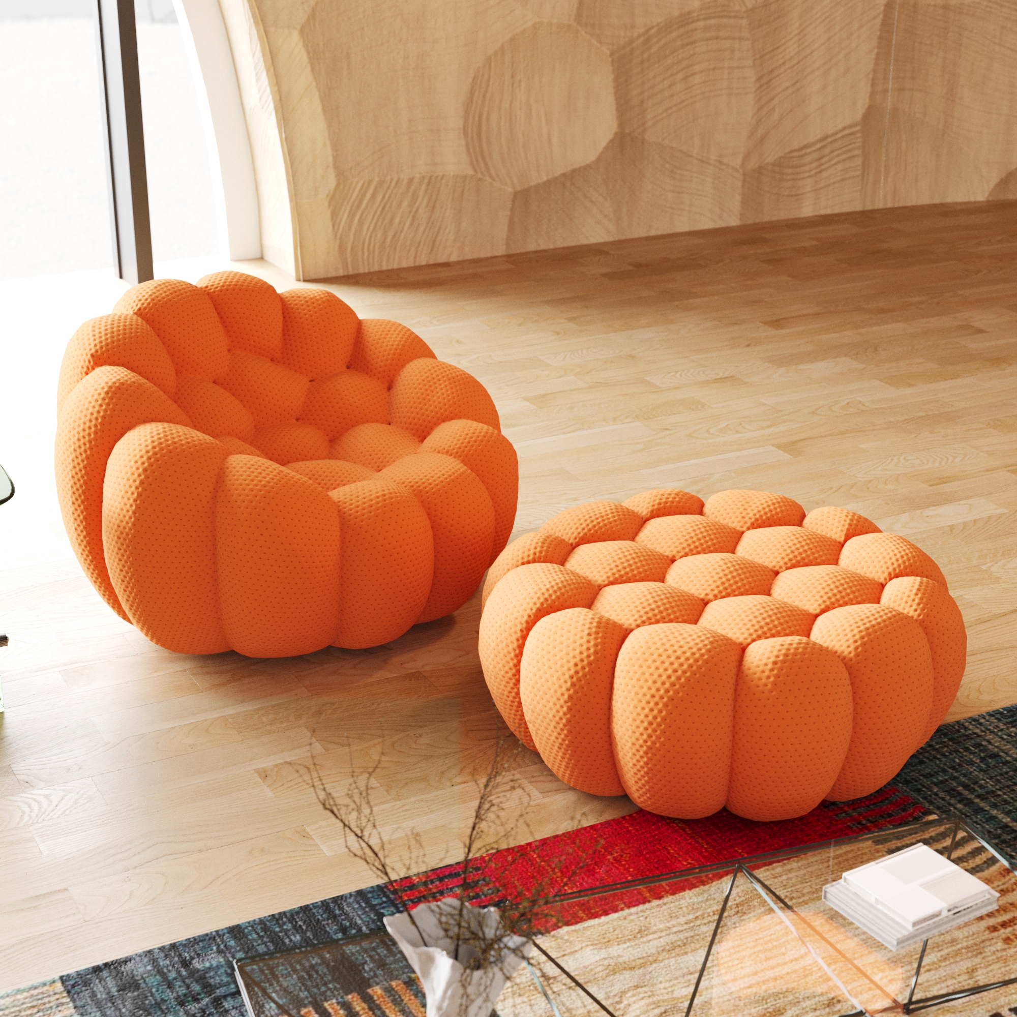 BuotiqHom DH-SF14-133OR Casual 2 -Piece Polyester/Polyester blend Orange Living Room Set