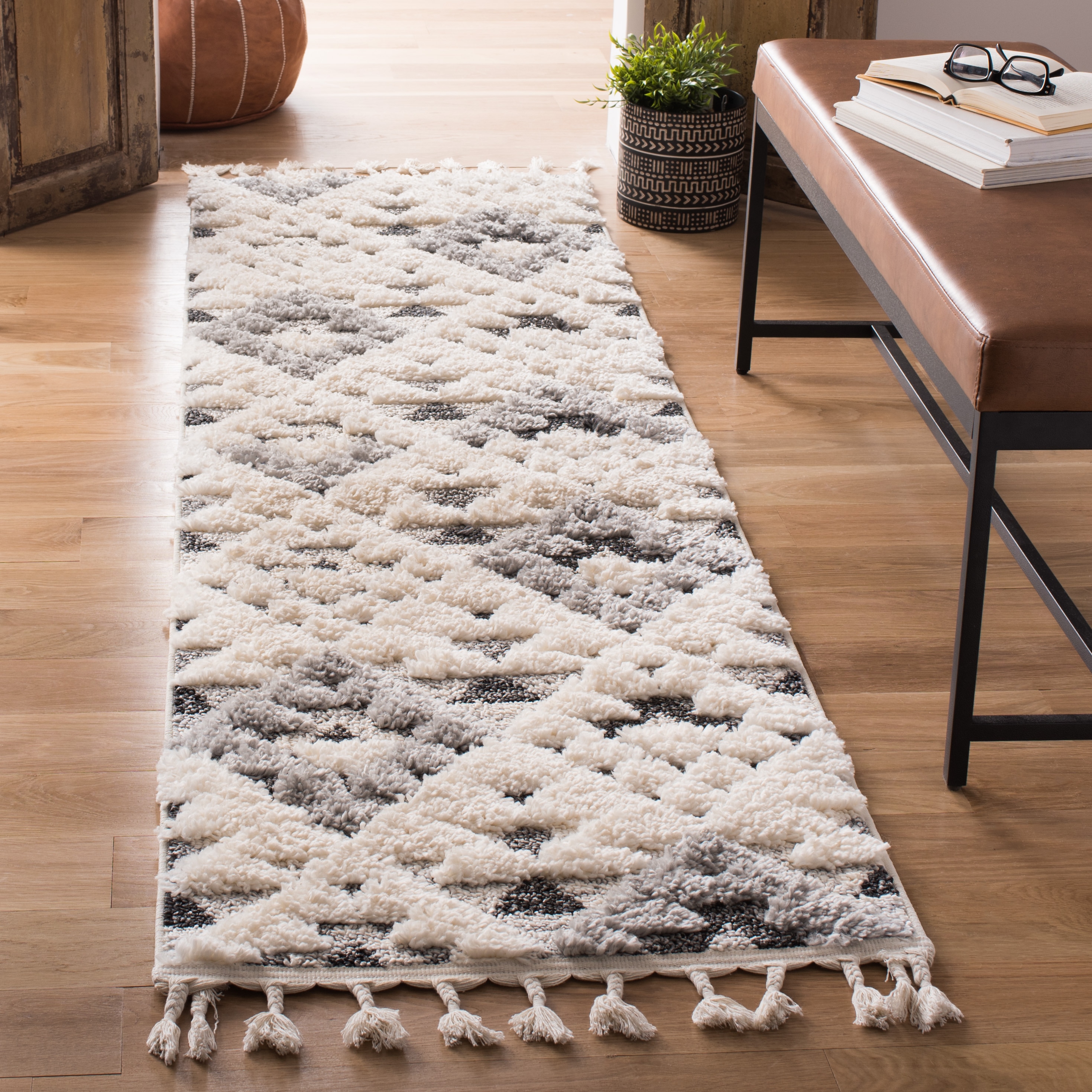 Safavieh MTS688F-222 Moroccan Tassel Shag 688F Ivory Grey Southwestern Runner 2ft-3-in x 22ft Rug