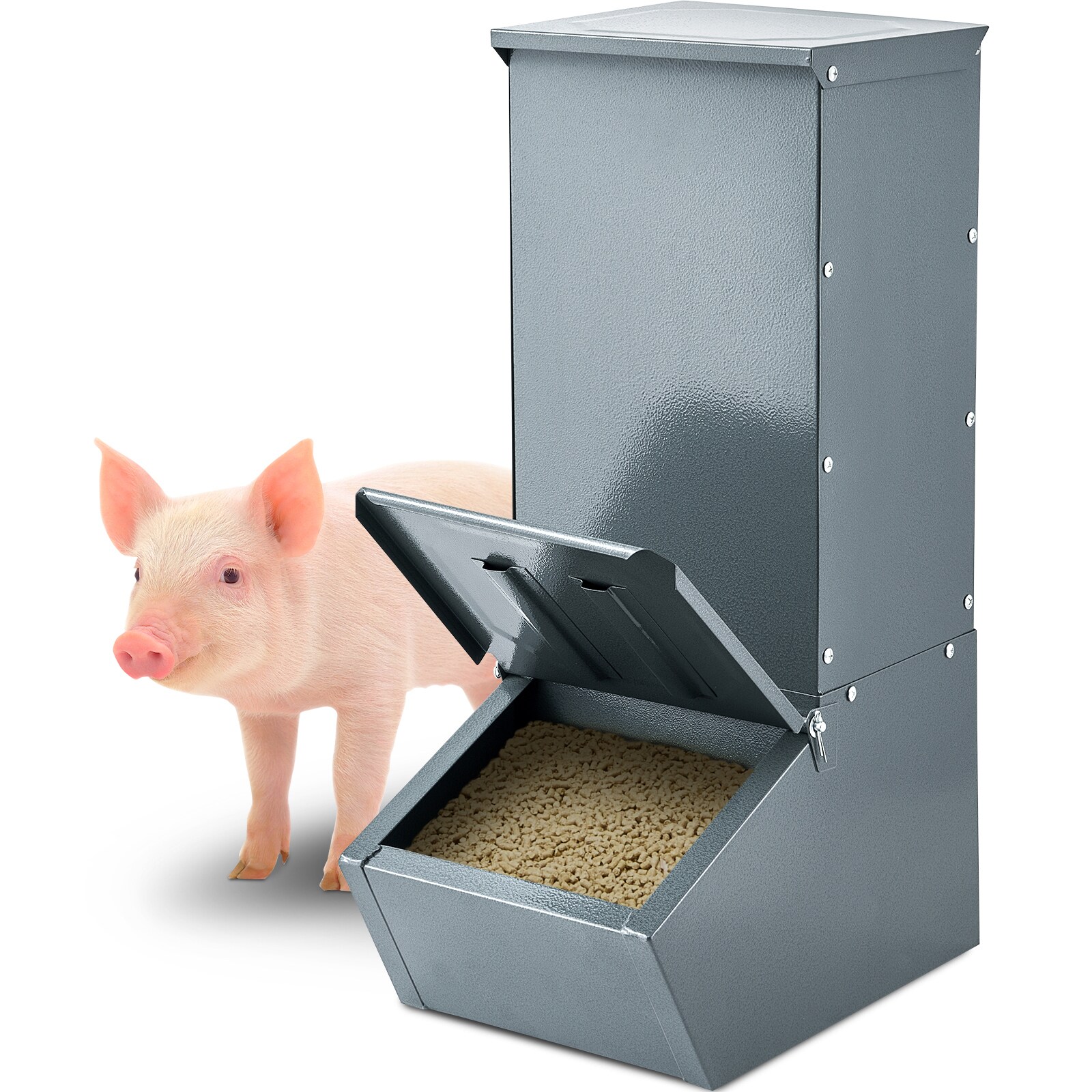 VEVOR Hog Feeder  2.2 Bushel Capacity  Single Door Pig Feeder  Heavy Duty Steel Piglets Feeder  Multipurpose Trough Creep Feeder  Outdoor Livestock Feeder Farm Accessory for Feeding up to 5 Hogs