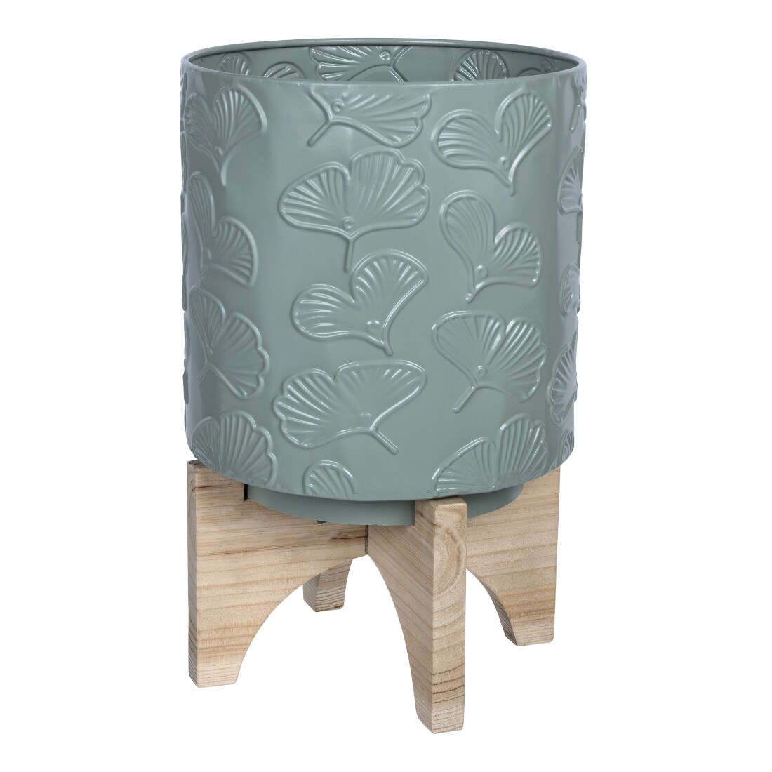 HomeRoots 4000389339 Leaf Pattern Green Planter with Wooden Base