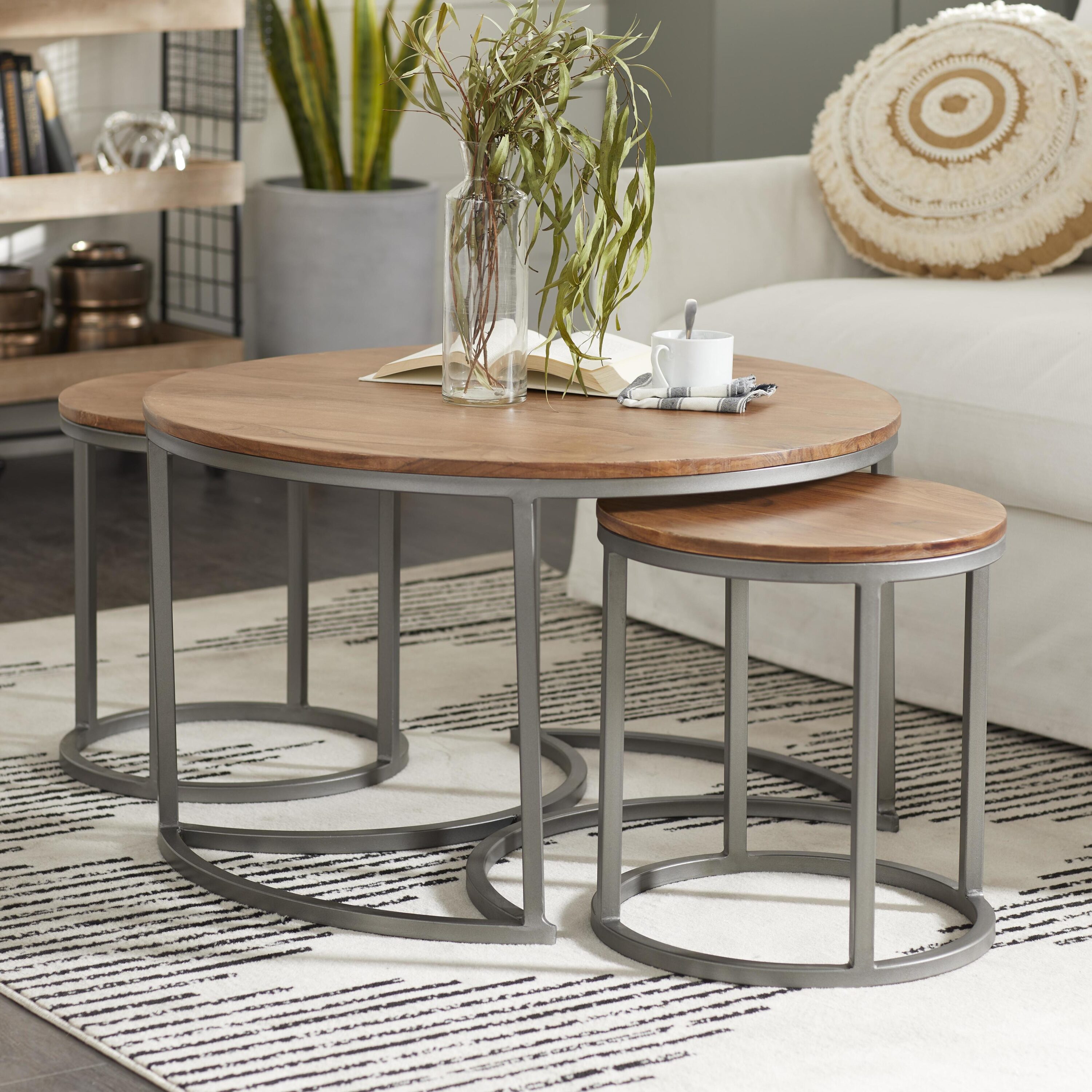 Contemporary Round Wood & Metal Nesting Coffee Table Set