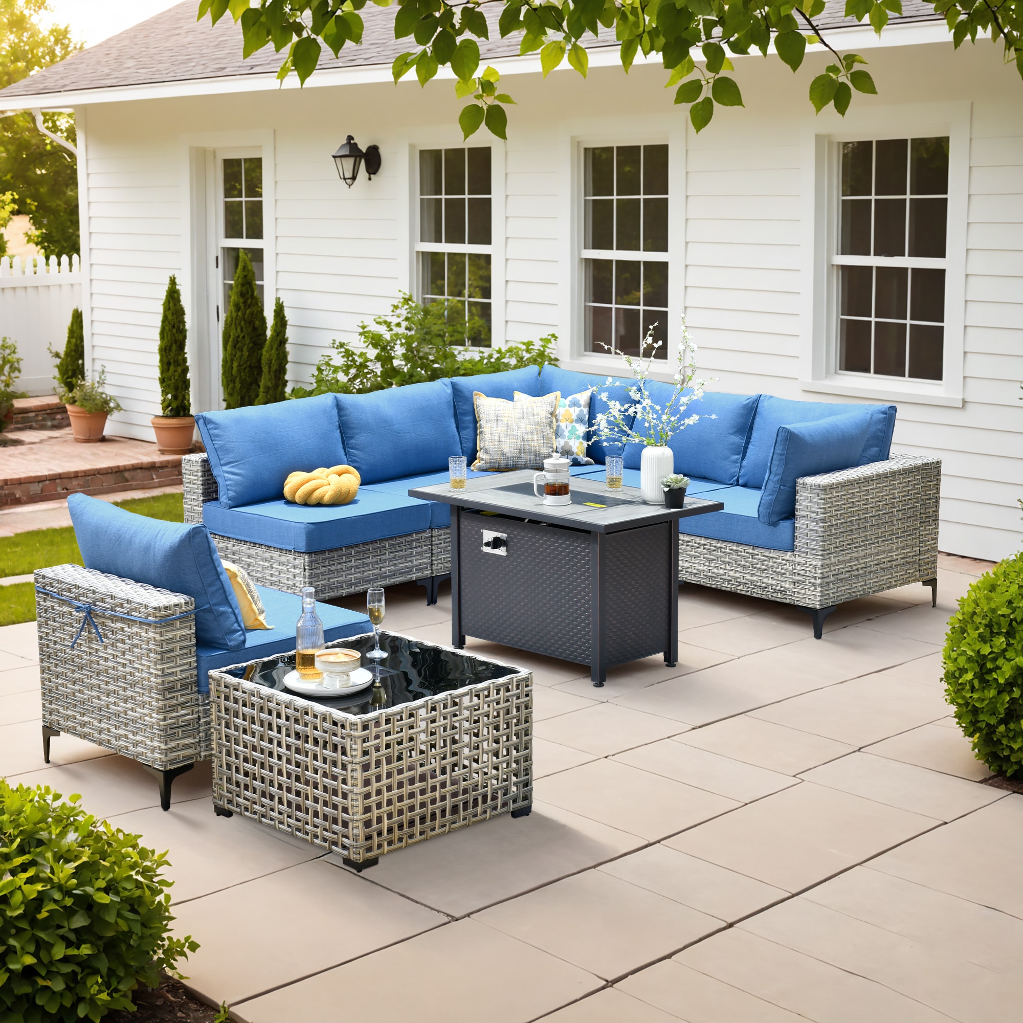 Pouuin SDFPSKT507 14-Piece Wicker Patio Sofa Conversation Set with Blue Cushions