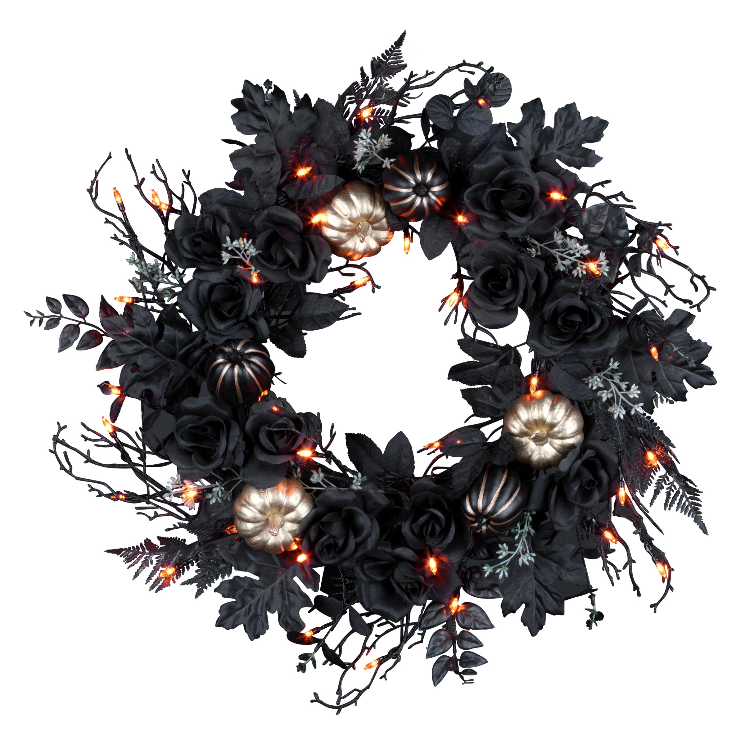National Tree Company JH100-23FD0148-B1 24-Inches Pre-lit Battery-operated Black Pumpkins Artificial wreath