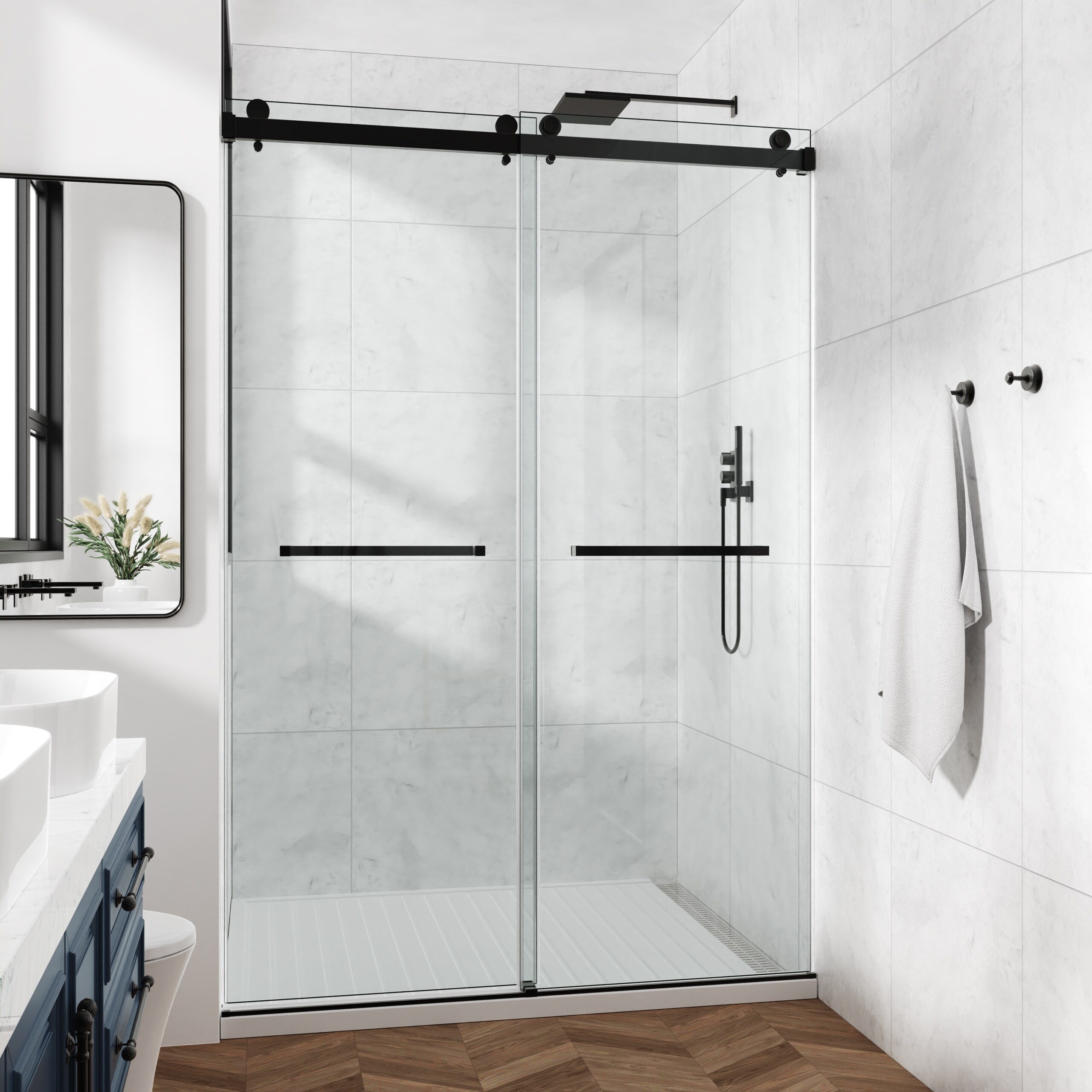 LOVMOR SF-H-T3177P320588 60 x 76-in Frameless Double Sliding Shower Door 3/8-in (10mm) SGCC Tempered Glass Stainless Steel