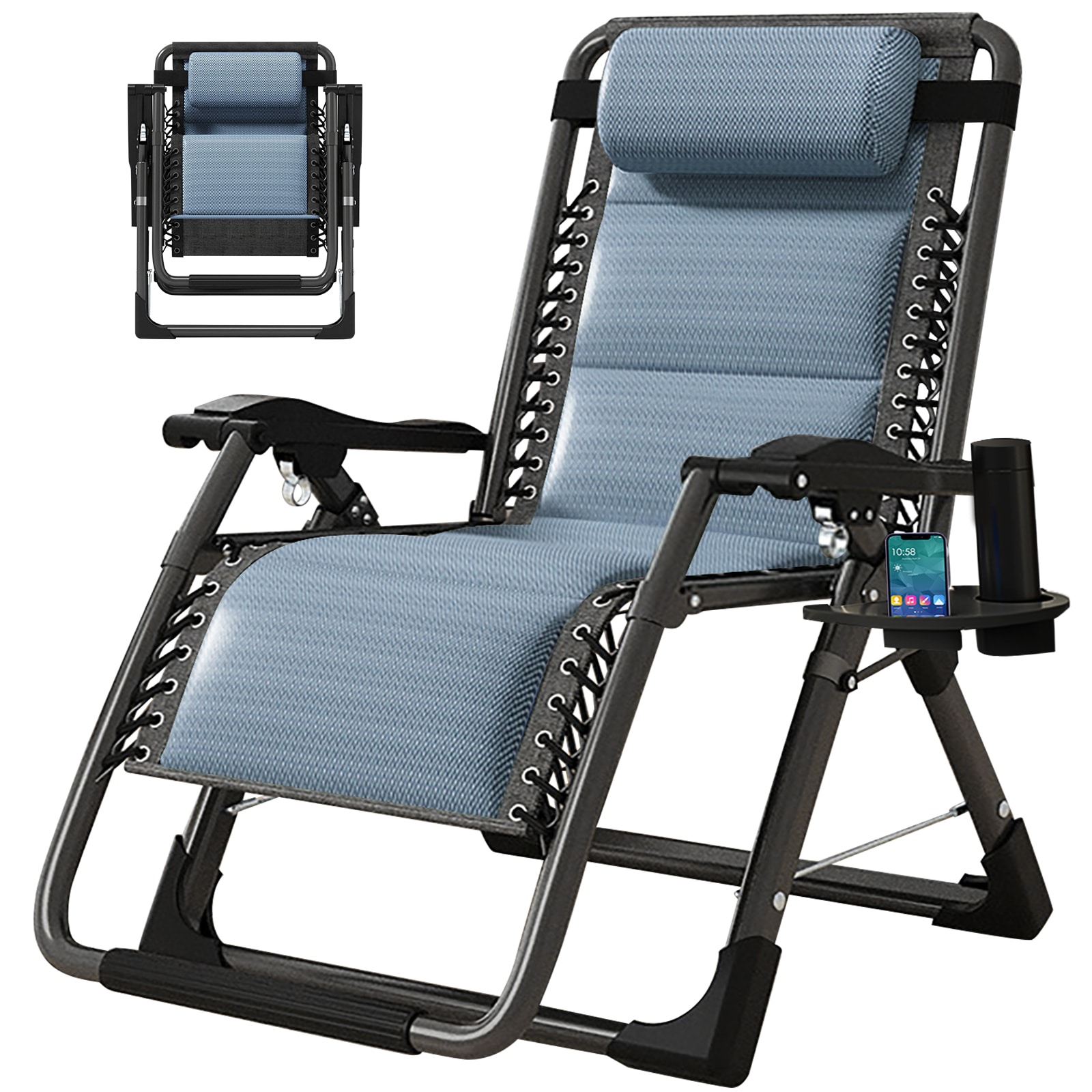 Esazn K16ZDY-27LYU Outdoor Lounge Chair Stackable Blue Steel Frame Stationary Zero Gravity Chair with Blue Cushioned Seat