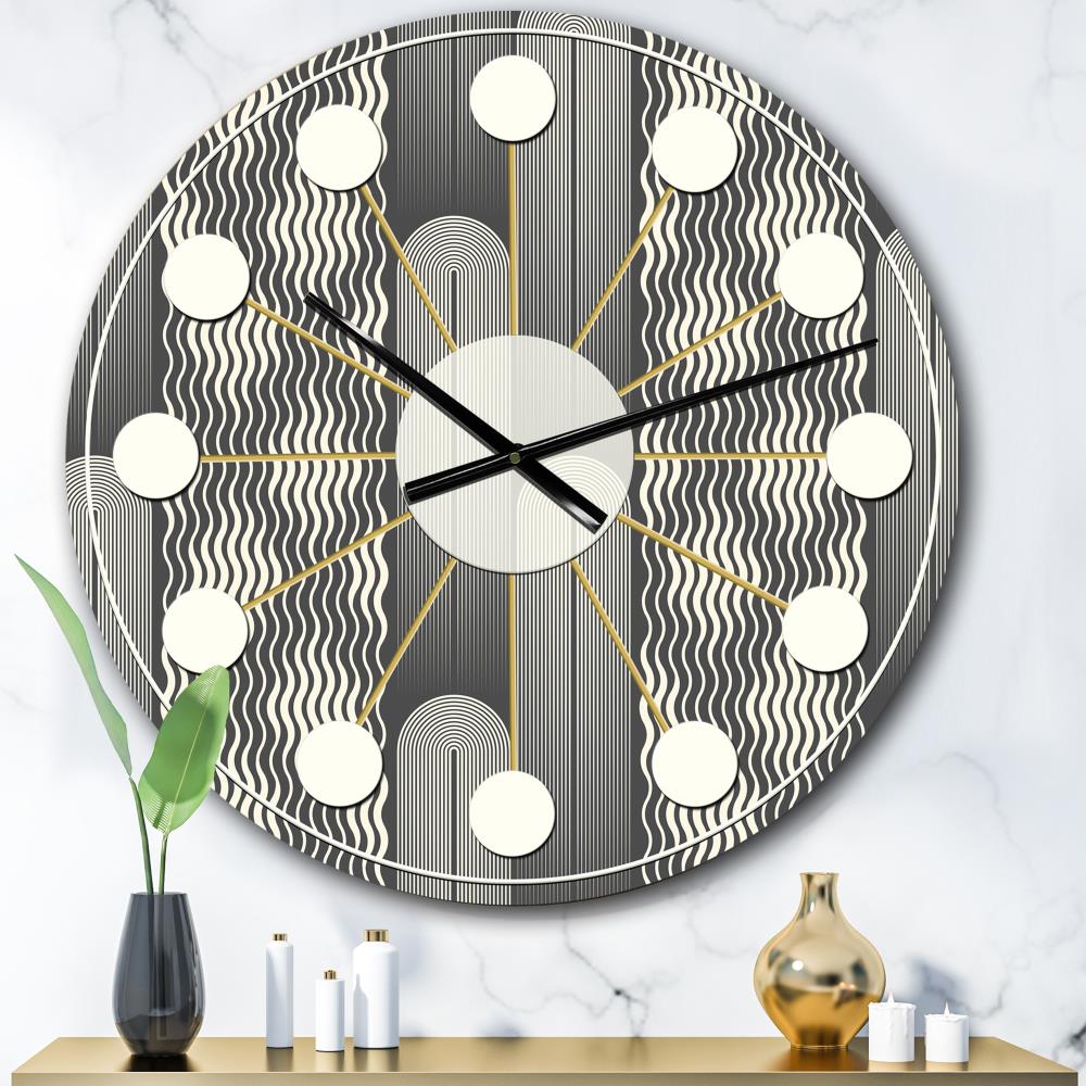 'Minimal Black and White Design II' Mid-Century Modern Gray Metal Round Wall Clock - Oversized 23-in H - Roman Numerals | - Designart CLM24298-C23