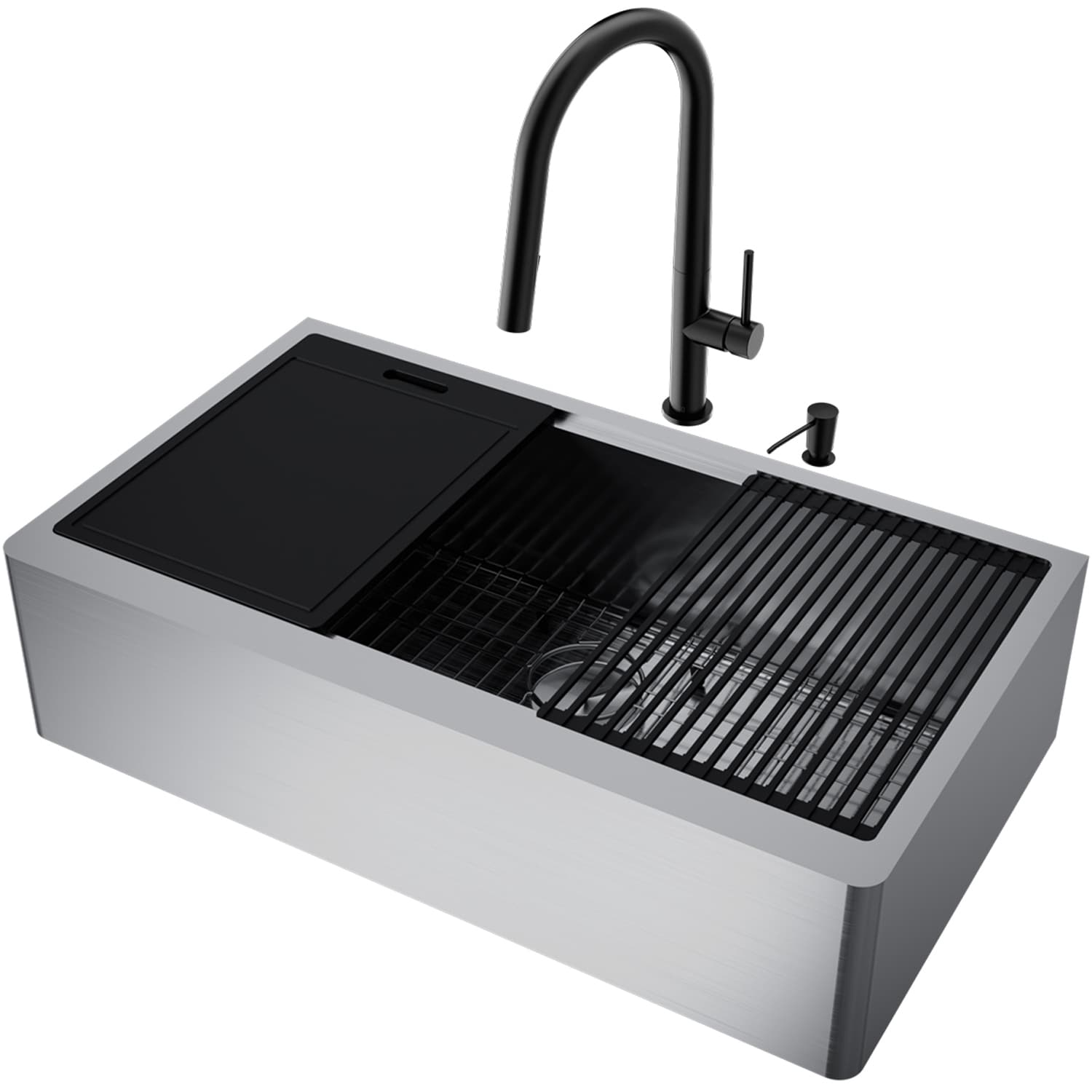 VIGO All-In-One 30 Camden Stainless Steel Farmhouse Apron Kitchen Sink Set  With Greenwich Faucet In Matte Black, Grid, Strainer And Soap Dispenser