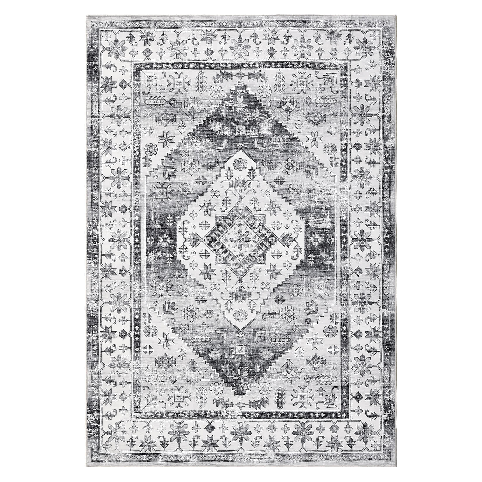 Qeetex LSN-PHO-14TN6CBM 5 x 7 ft Polyester Imitation Cashmere Gray Rectangular Hallway Bathroom Entryway Kitchen Office Foldable Flower Printed Persian Washable Area Rug