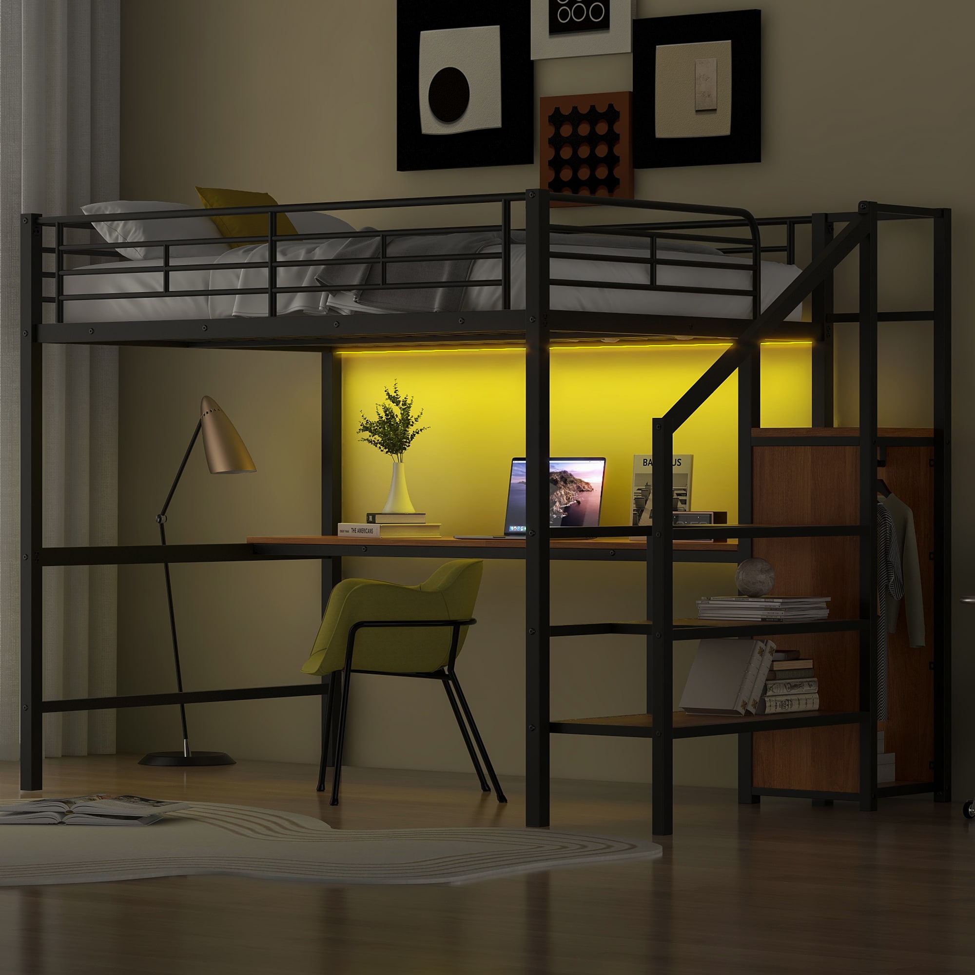 LOVMOR SF-Y-GX000620AAB-1 Full Size Metal Loft Bed with Desk Storage Staircase Small Wardrobe and LED Light Black