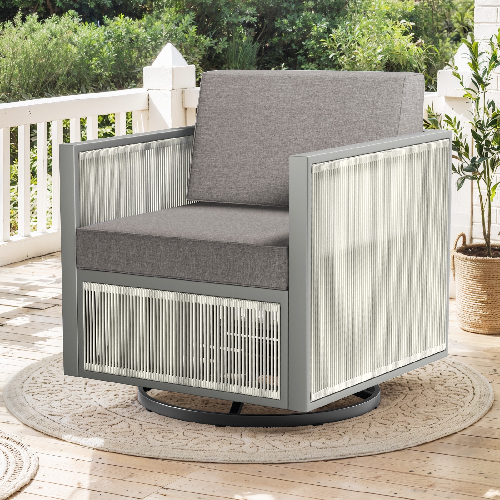 Jeehope PAFHGW20-9A PAnorama Series Wicker Light Beige Steel Frame Swivel glider Conversation Chair with Dark gray Cushioned Seat