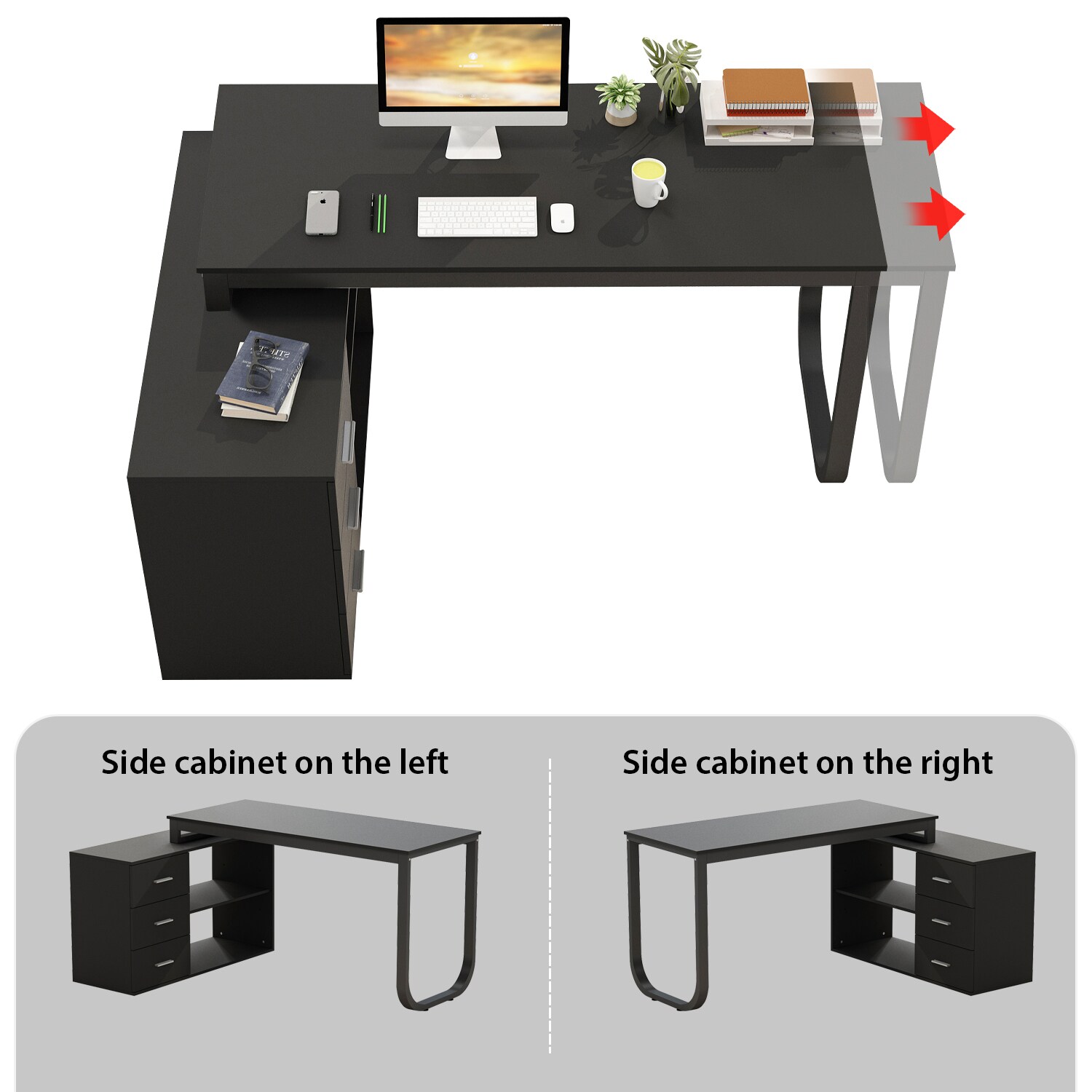 Reversible L-Shaped Desk Computer Desk with Drawers & Shelf Ample Storage - FUFUGAGA Black