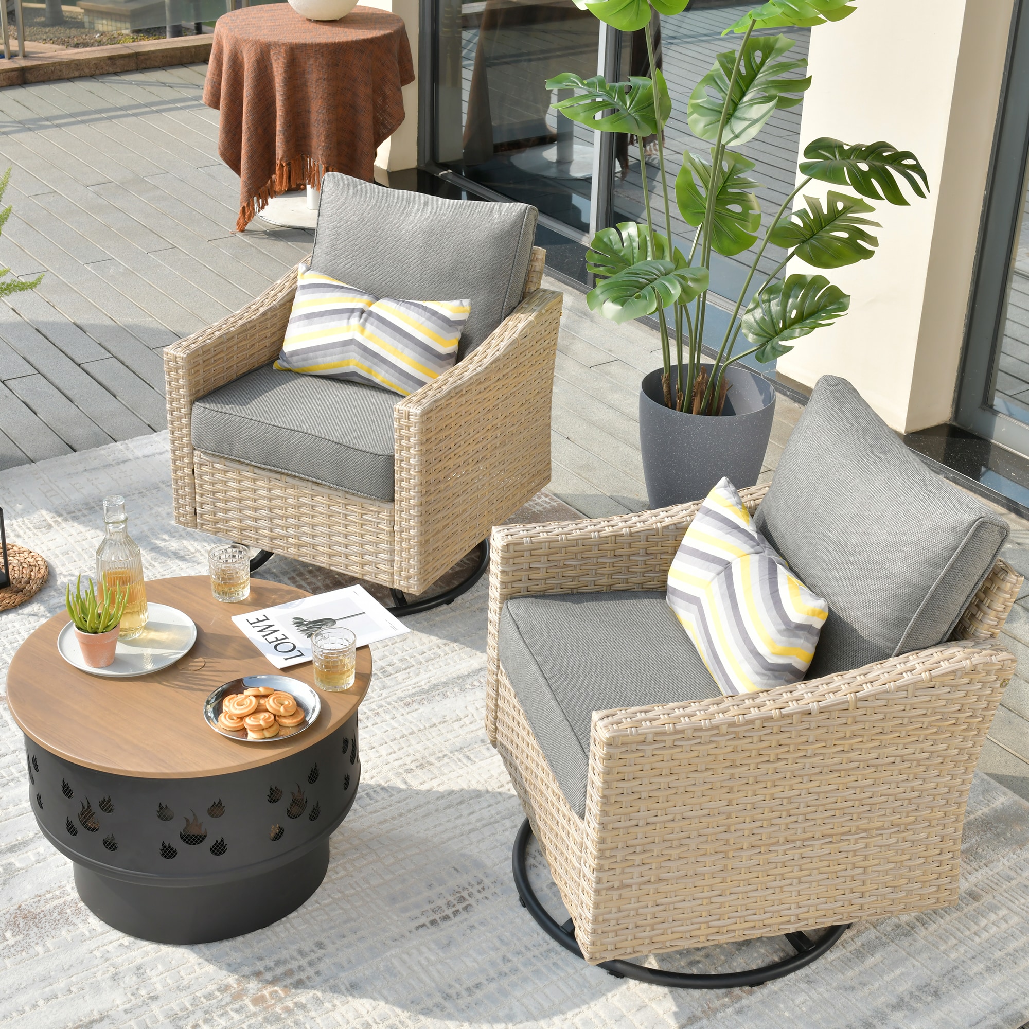 weaxty HMBYM307YZDAR203 Athena 3-Piece Wicker Patio Conversation Set with Gray Cushions