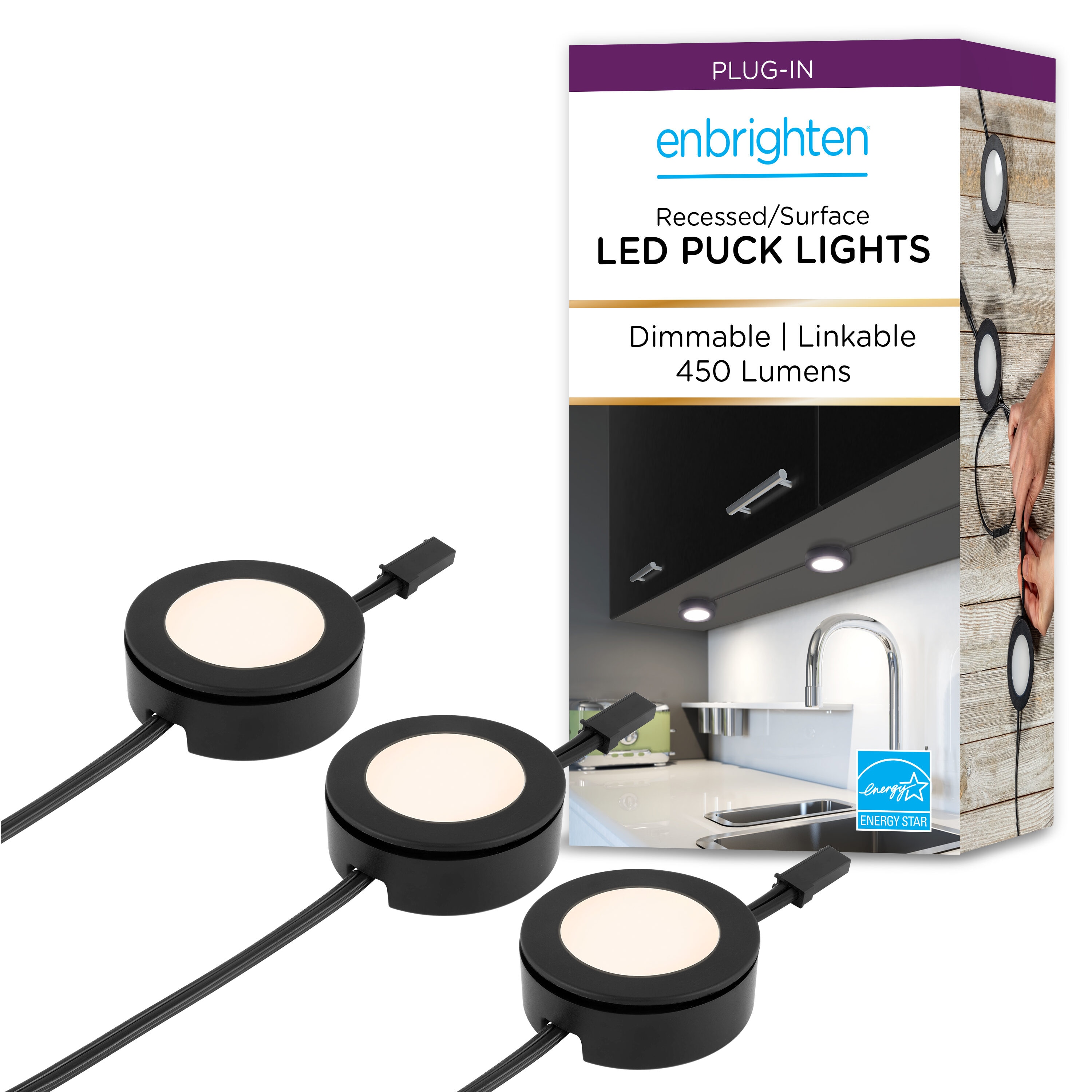 Enbrighten 3-Pack 3-in Plug-in Under Cabinet Lights in the Puck Lights  department at