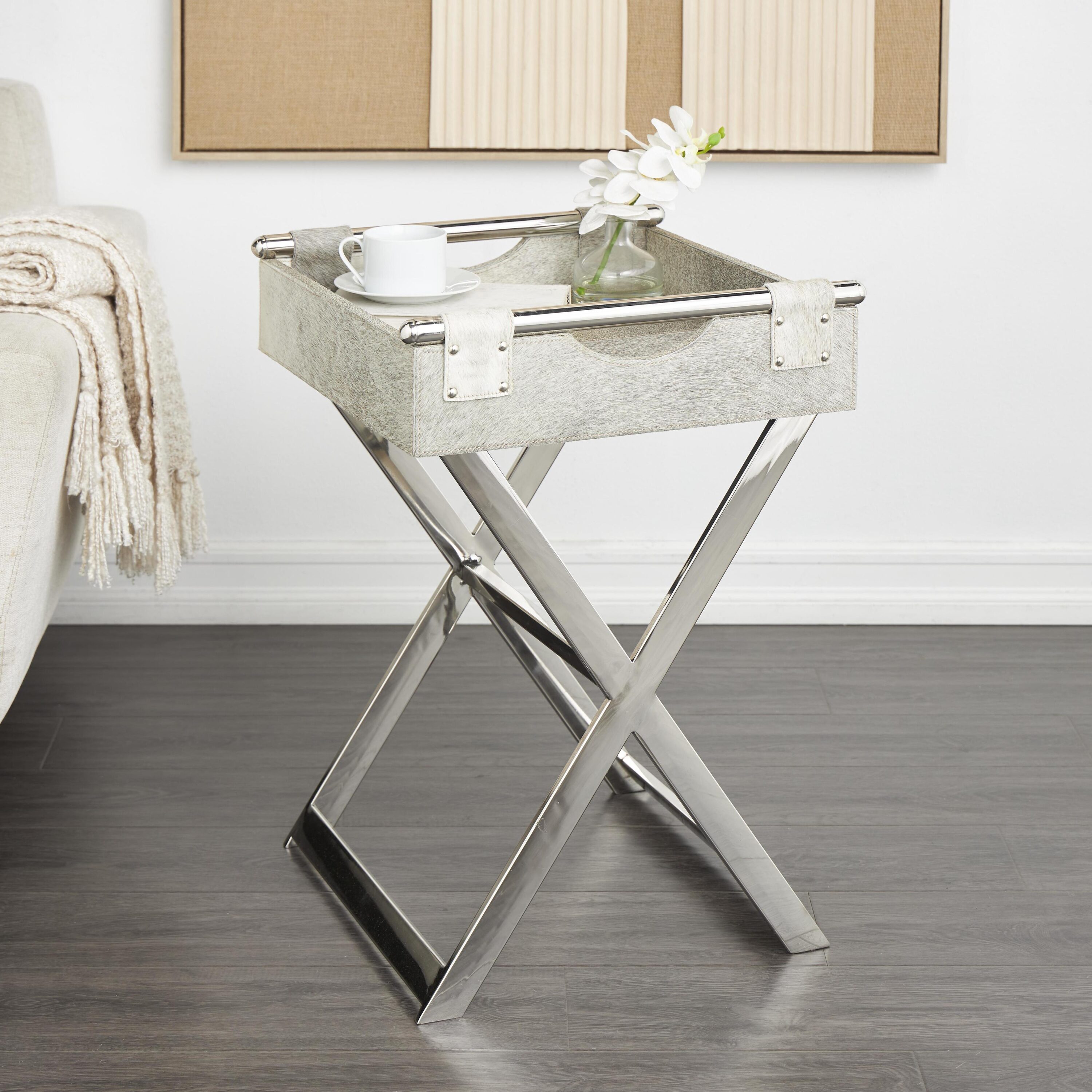Grayson Lane 821558 19.25-Inches W x 25.1-Inches H Gray 25" Tray Inspired Faux leather Square Modern End Table