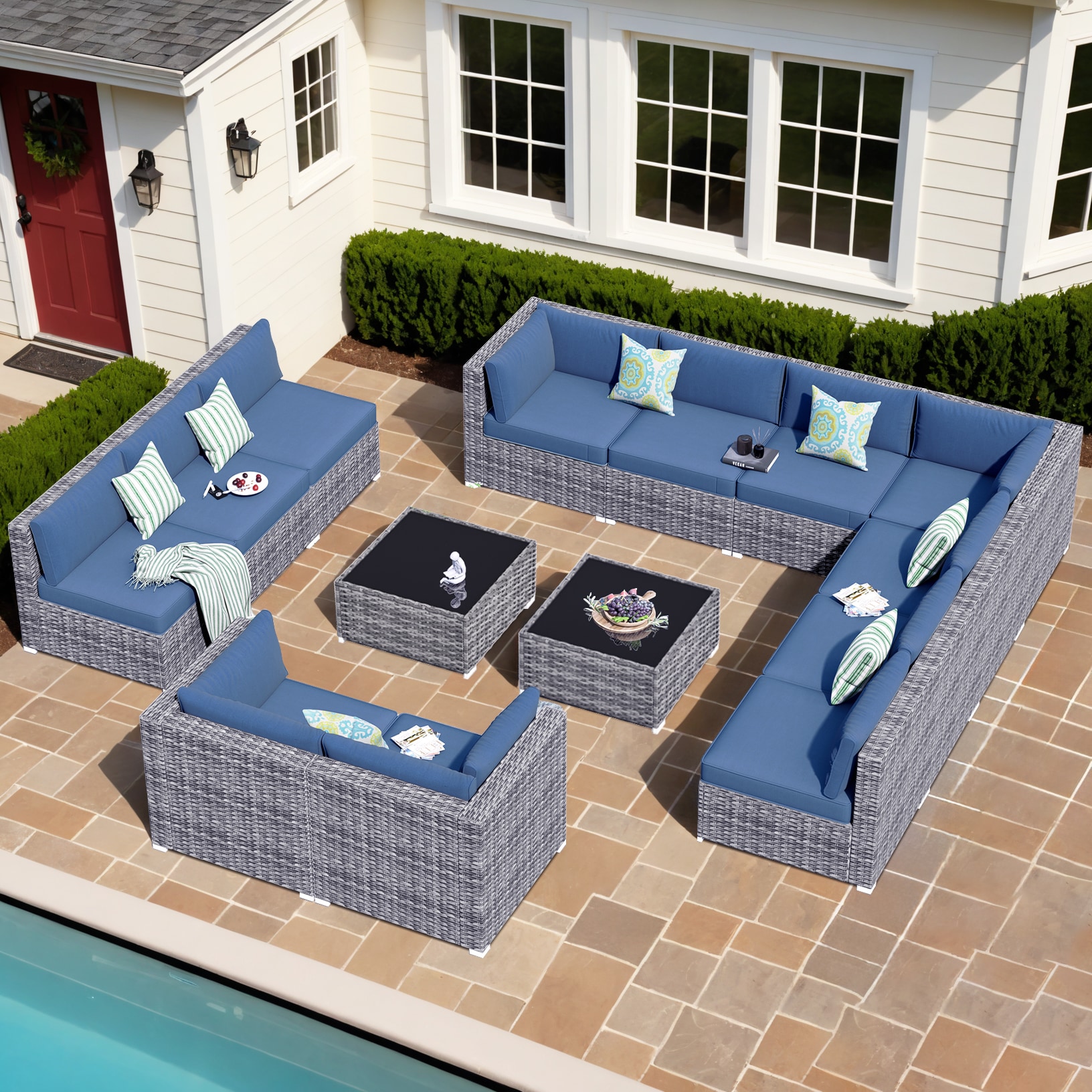 Pouuin SHOP3014 14 -Piece Wicker 2 Patio Sofa Conversation Set with Blue Cushions