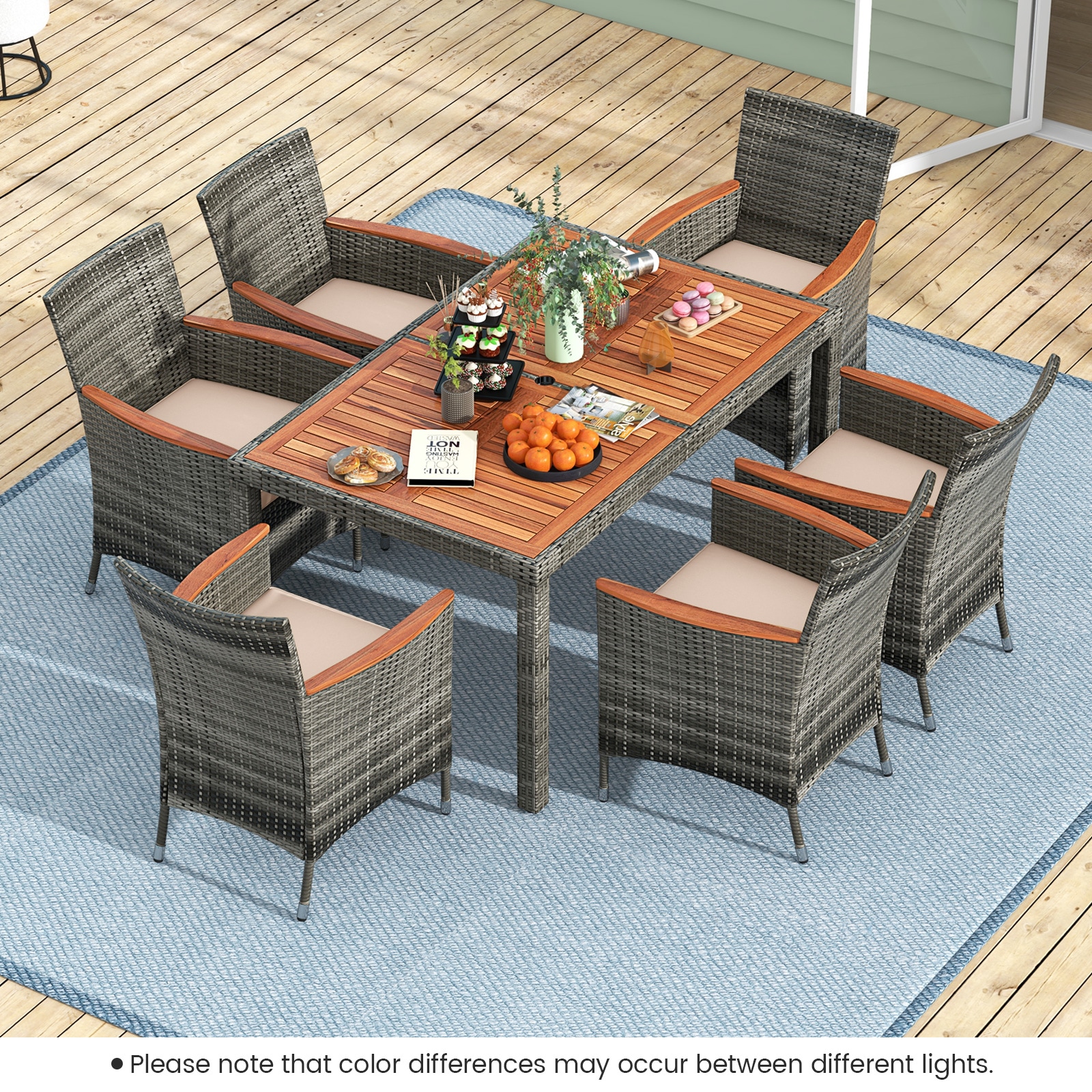 Forclover HBV-65219B 7 Pieces Patio Acacia Wood Cushioned PE Rattan Wicker Dining Set 7 -Piece Gray Rattan Patio Dining Set Wood Rectangle Table with 6 Brown Cushions Stationary Chairs
