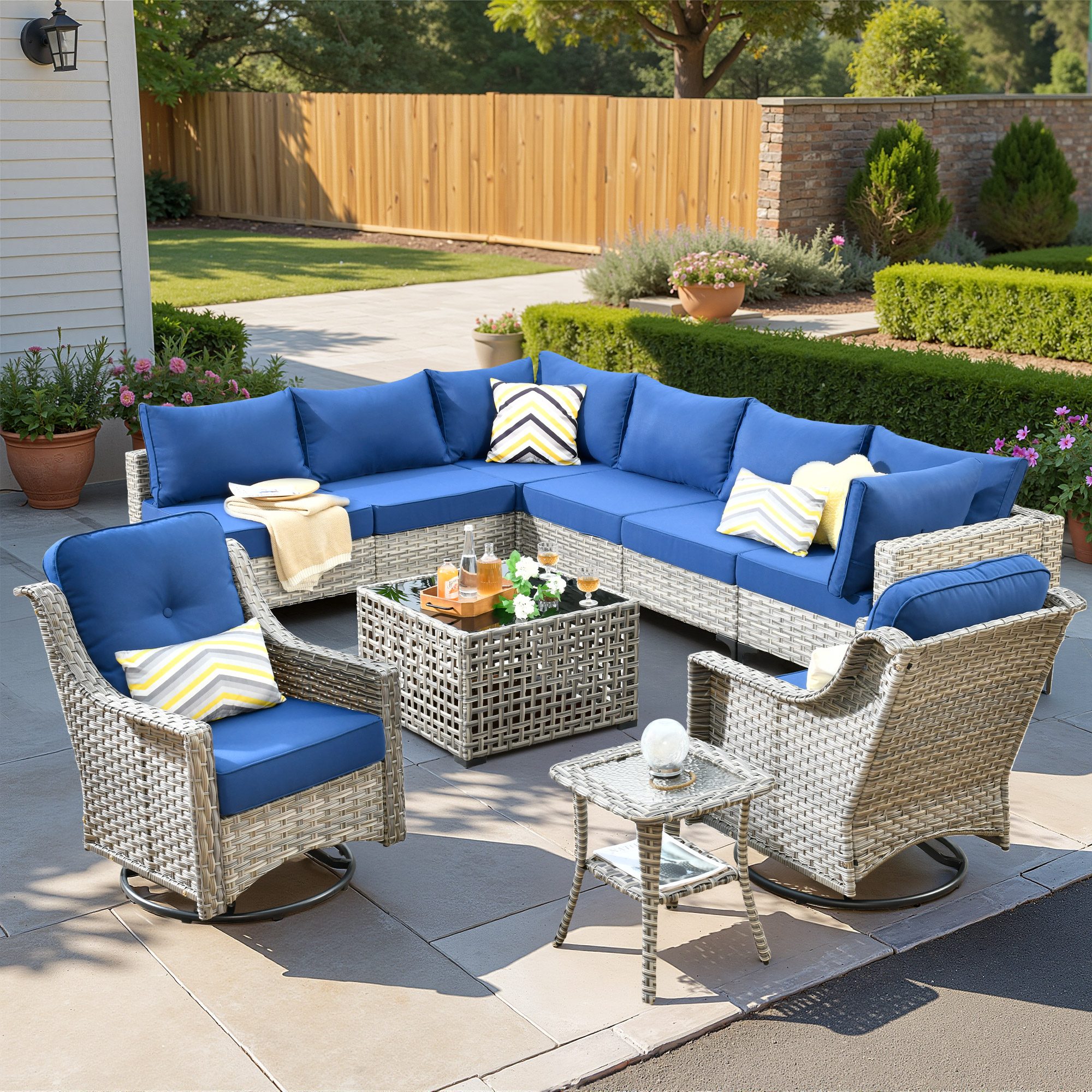 ALTRIGUS 6L-YZSKT710-AL 10 -Piece Wicker Patio Sofa Conversation Set with Navy Cushions