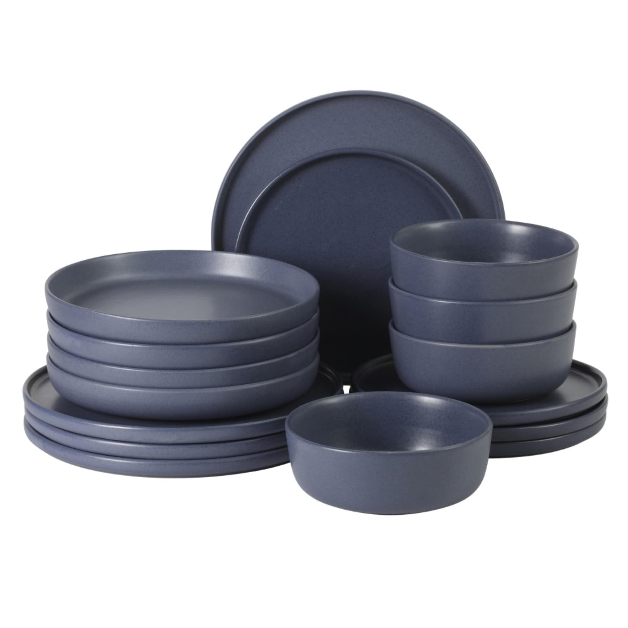 Gibson Elite  Bayou Moon Plates and Bowls Sets 16 Piece Blue Matte Stoneware Dinnerware Sets Solid Color Reactive Glaze Dish Set