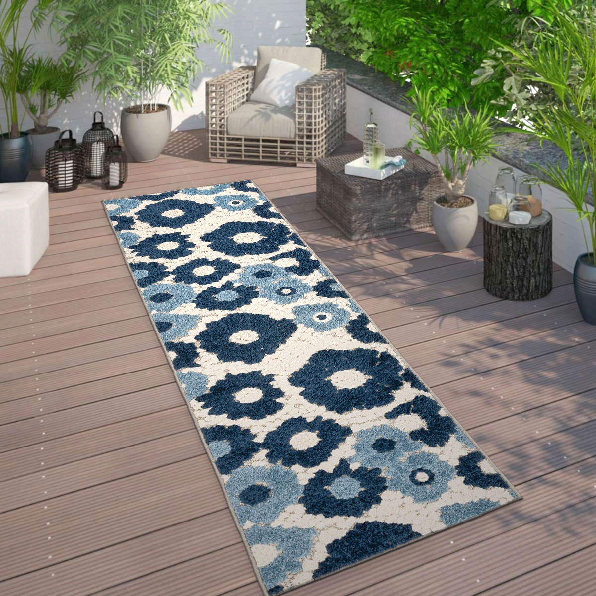 World Rug Gallery 8016NAVY2X7 Patio 2 x 7 (ft) Loomed Polypropylene Navy Rectangular Indoor/Outdoor Floral/Botanical Global Runner rug