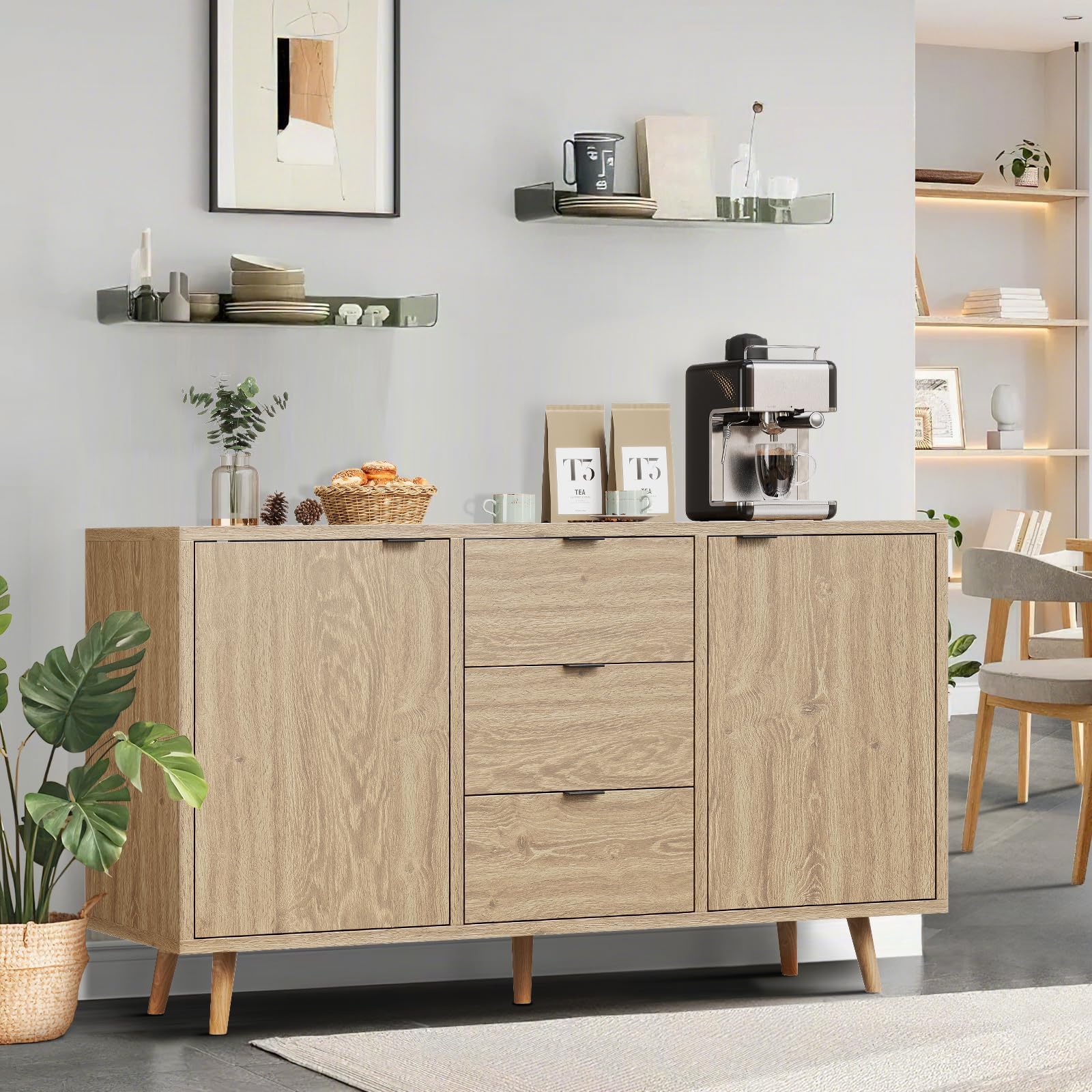 Lumberock HHH-PHO-33J4WFJR 47.2-in Buffet Cabinet with Storage Sideboard Storage Cabinet with 3 Drawers and 2 Doors Credenza with Adjustable Shelves Accent Cabinets for Kitchen Living