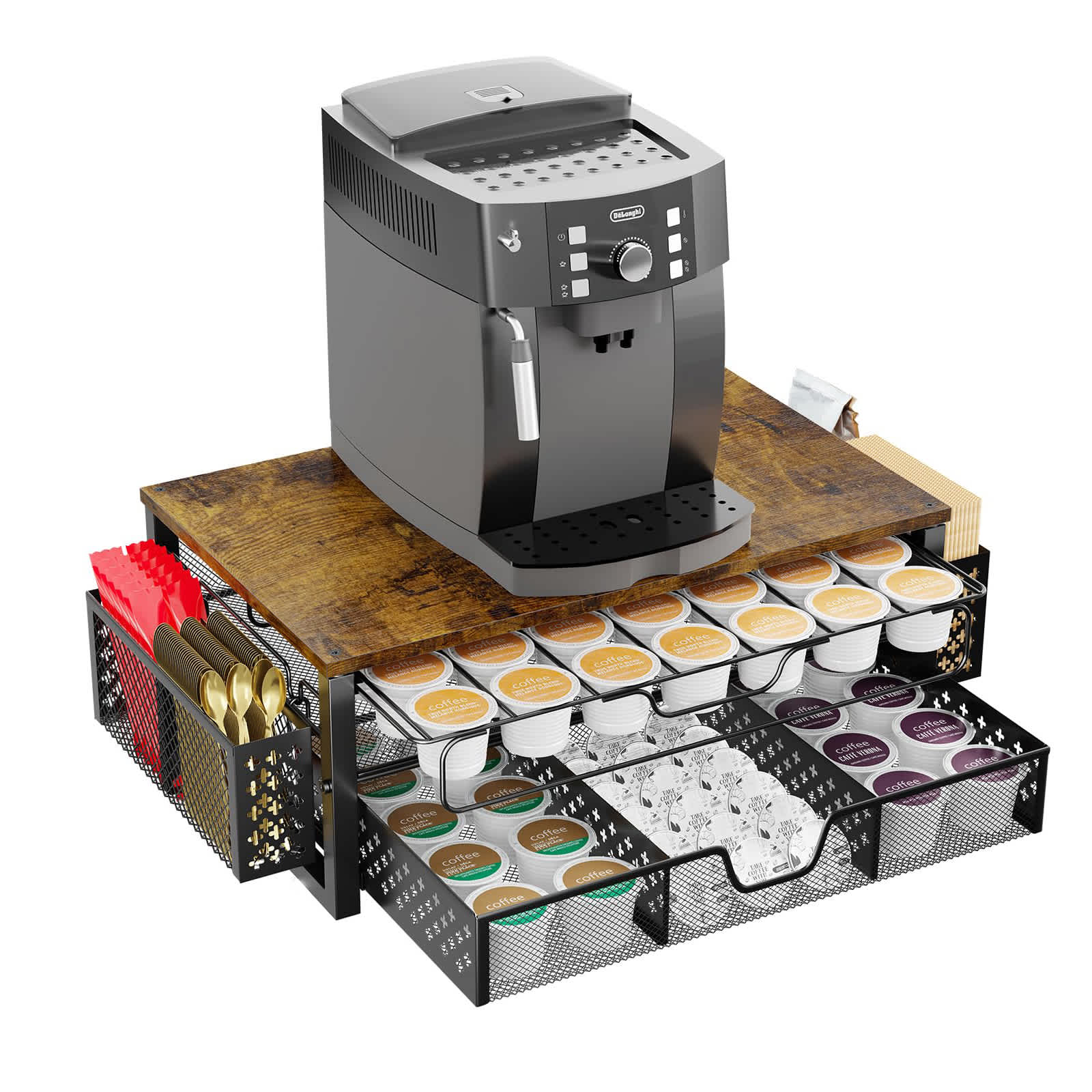 Etokfoks  1 Piece Large Capacity Coffee Pod Holder 2 Tier Sliding Drawers Holds 63 K Cups or 83 Capsules 20 in W x 10 in D x 5.8 in H Black