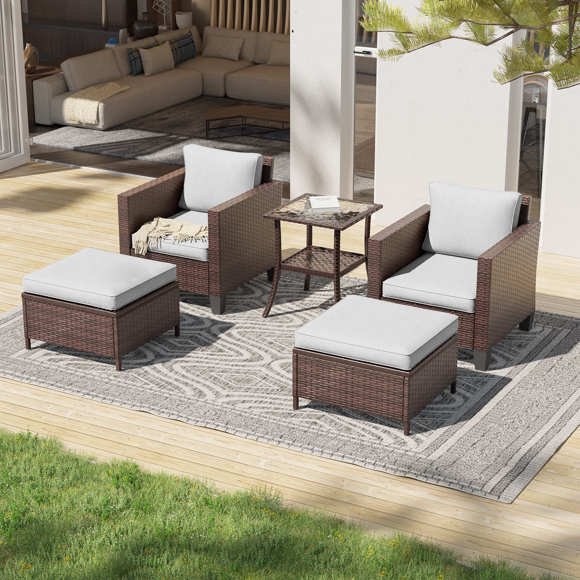 ACEGOSES LW-146-LY 5 -Piece Wicker Patio Conversation Set with Light Gray Cushions