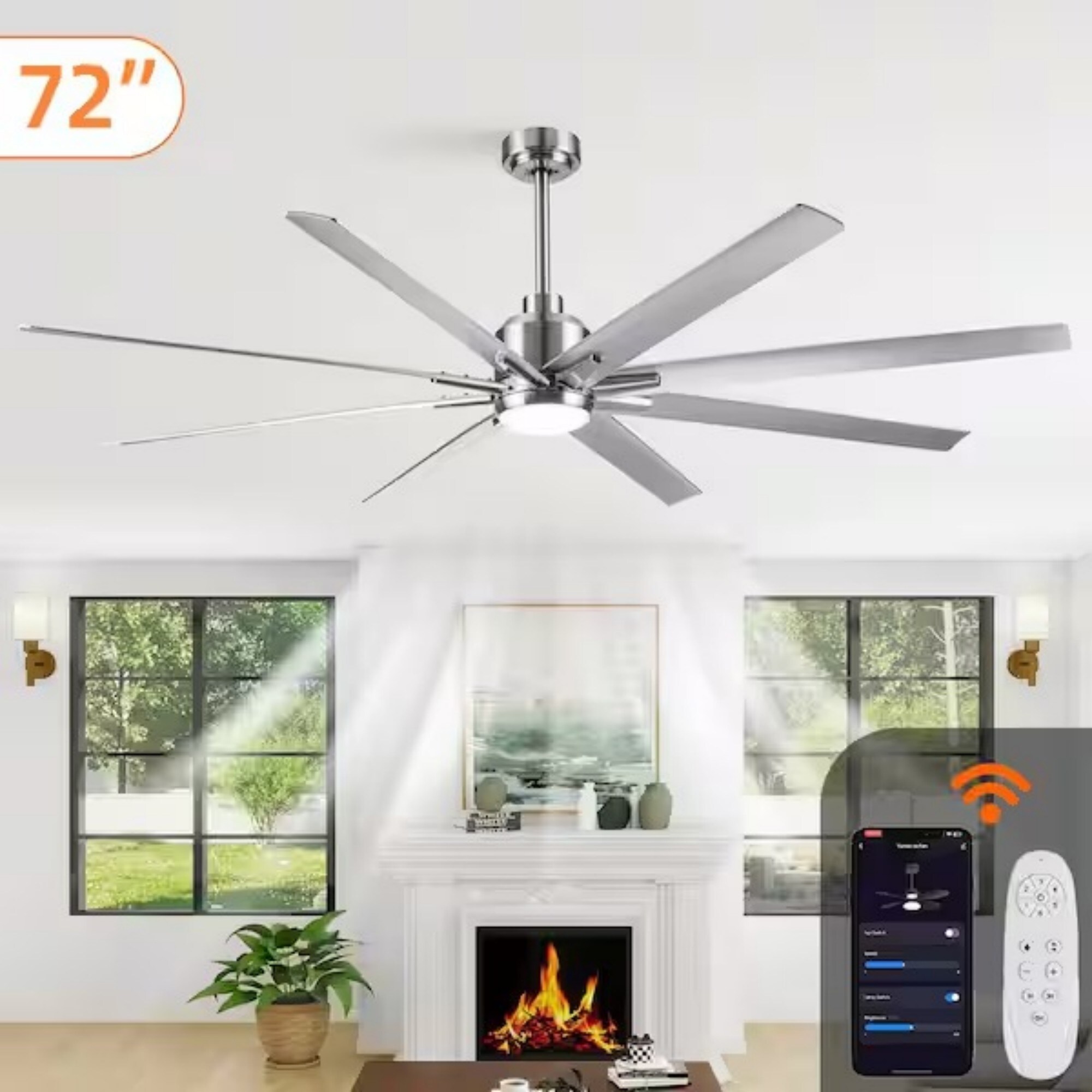 ToolCat 72-in Brushed Nickel with Silver ABS Blades Covered Outdoor Ceiling Fan With Light and Remote Control Included 8 -Blade