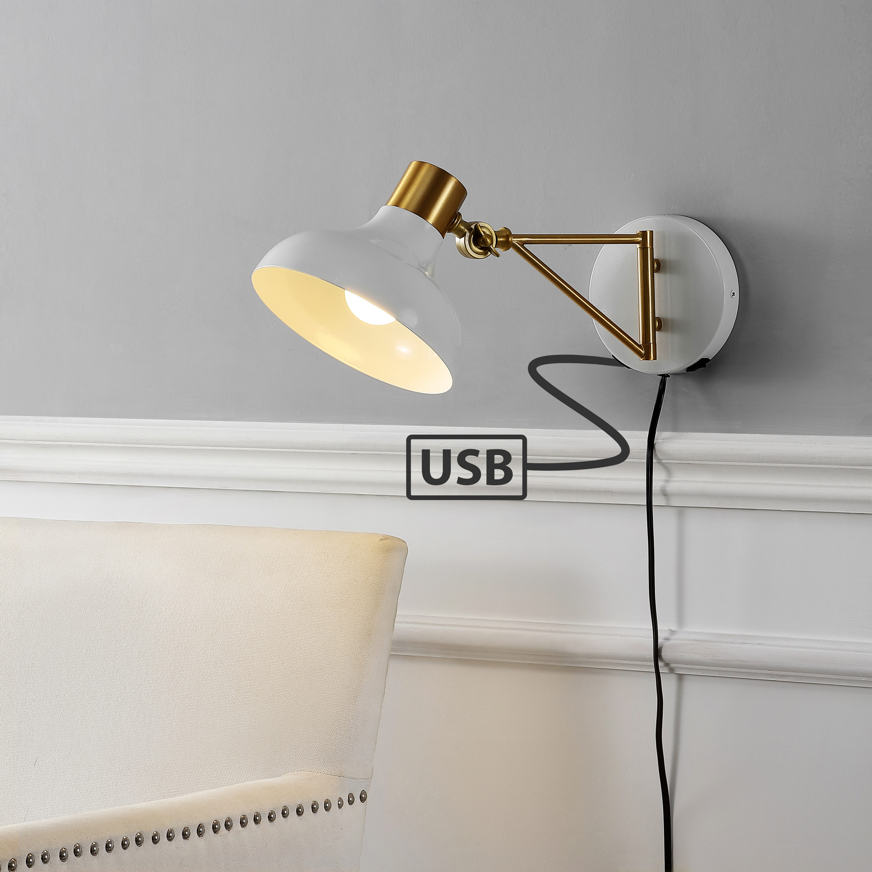 White and Brass Gold Iron Swing Arm Wall Sconce with USB Charging Port