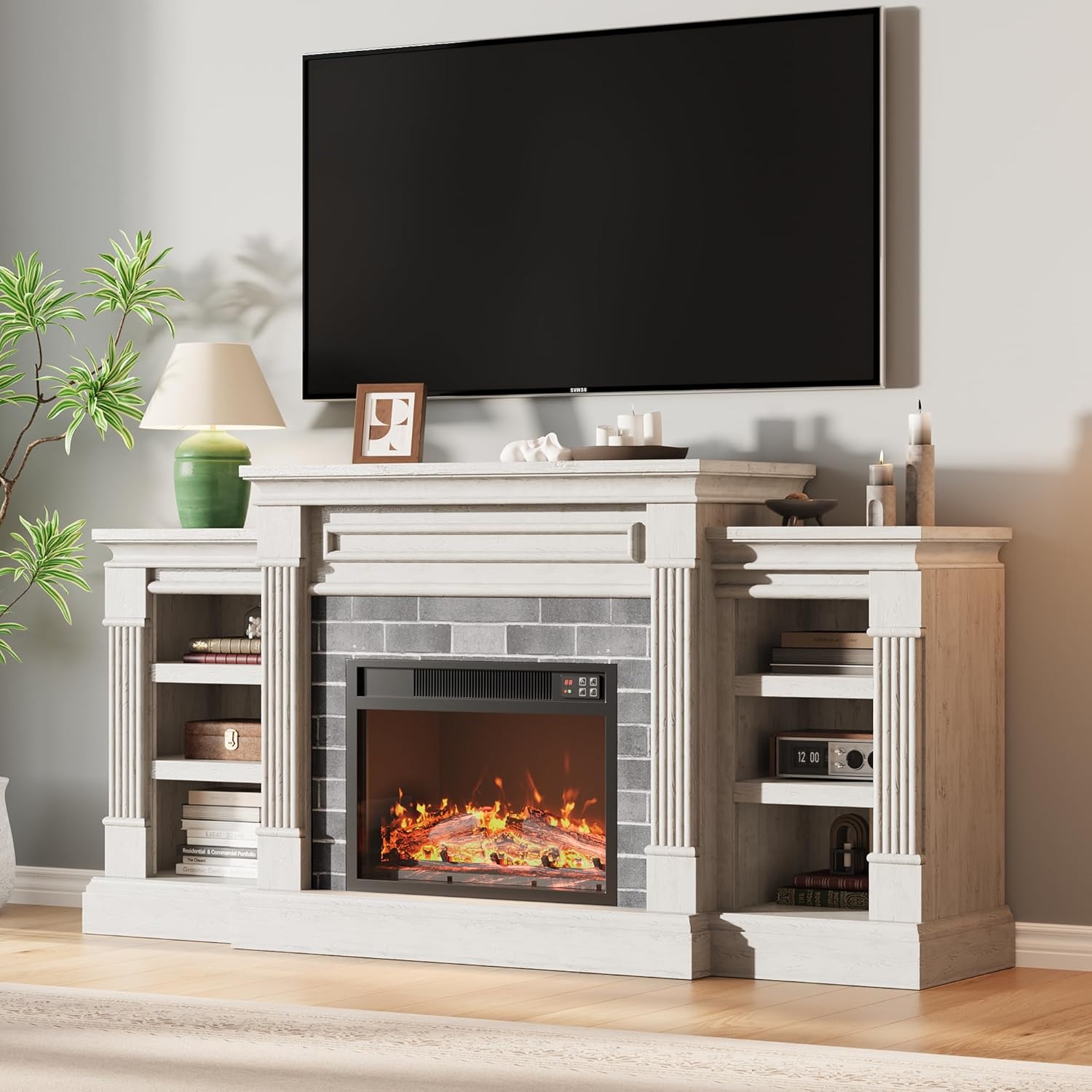 IdealHouse 71 Inch Electric Fireplace with Matal Fireplace TV Stand for TV Up to 80 in Entertainment Center with Storage Realistic Stacked Stone Surround with Remote Control and 3D Flame White and Brown