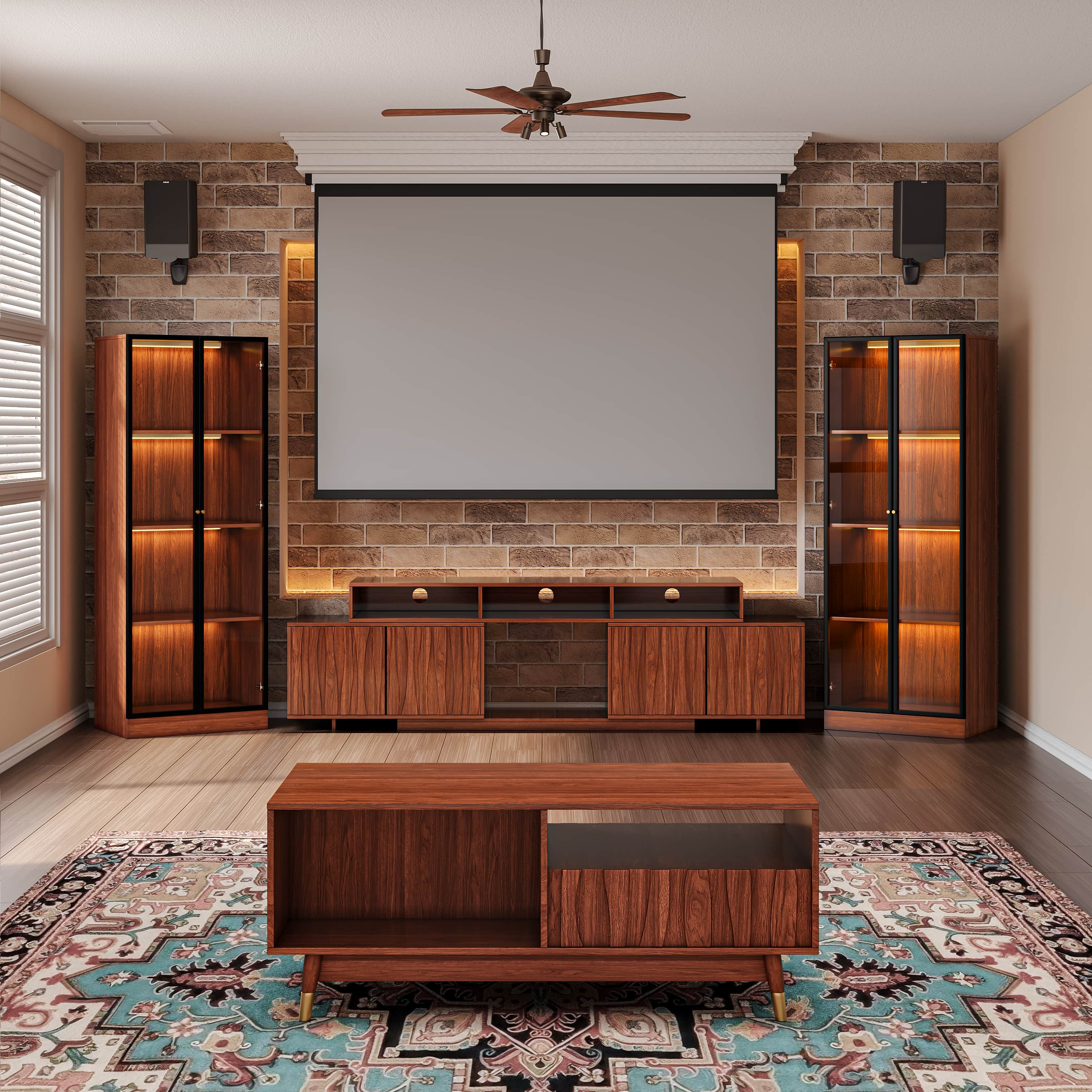 ATJafurn Brown Walnut Finish 4 Piece Mid-Century Modern Entertainment Center Set for 75/85/95/100 inch TV - Included Extendable TV Stand and 2 Lighted 4-Tier Glass Showcase and Coffee Table for Living Room