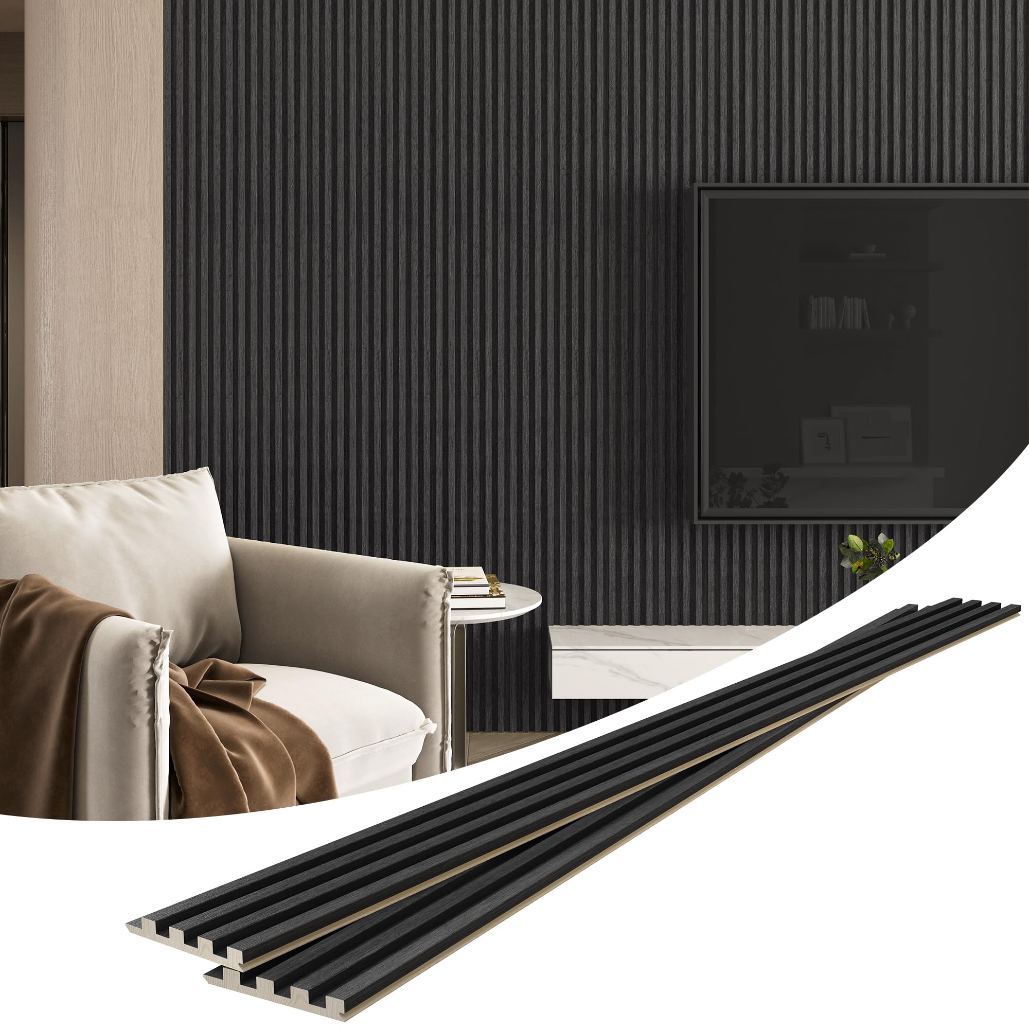 LOVMOR 4 Packs 94.5 in. Solid Wood Panels for Wall Acoustic Wood Slat Wall Panels for TV Background Living Room in Black #SF-Y-GSB-SM-B