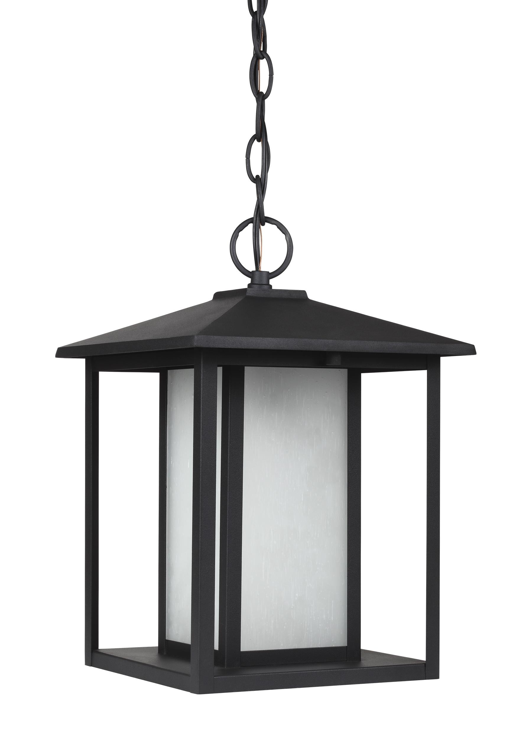 Generation Lighting 6902997S-12 Hunnington 1 -Light Black Modern/contemporary Seeded glass Lantern Integrated LED Mini Outdoor Hanging Pendant light