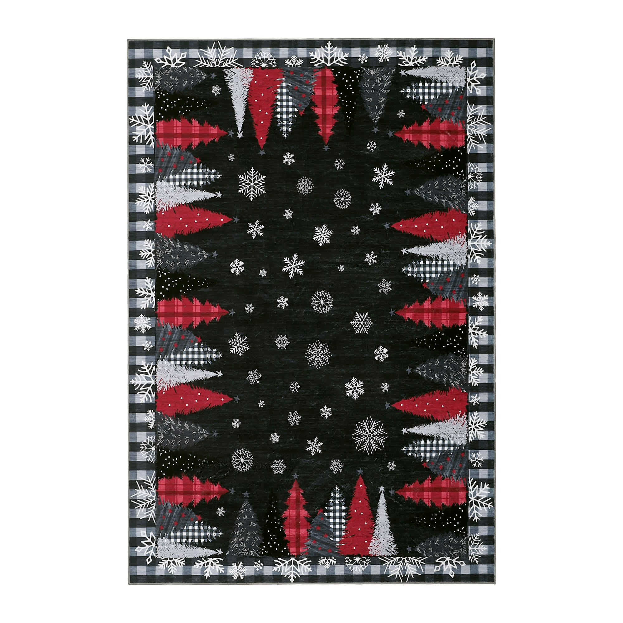Qeetex SUNNY-PHK-35TX4XGL 5 x 7 ft Black Christmas Living Room Bedroom Dining Room Office Christmas Tree Snowflake Print Bordered Checkered Washable Modern Area Rug