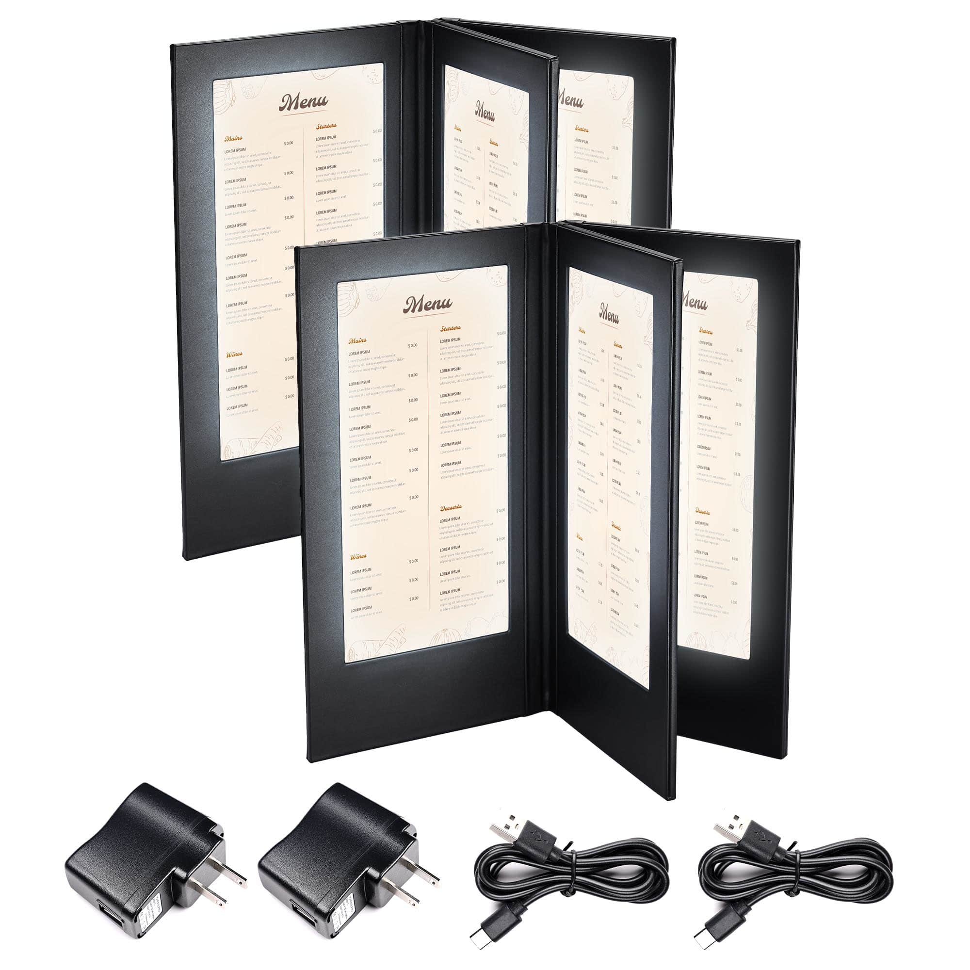 Yescom 26MNC008-4PL511X2-LO WeChef LED Backlit Menu Holder Cover Folding Panel 4 View 5x11IN Paper 2 Pack