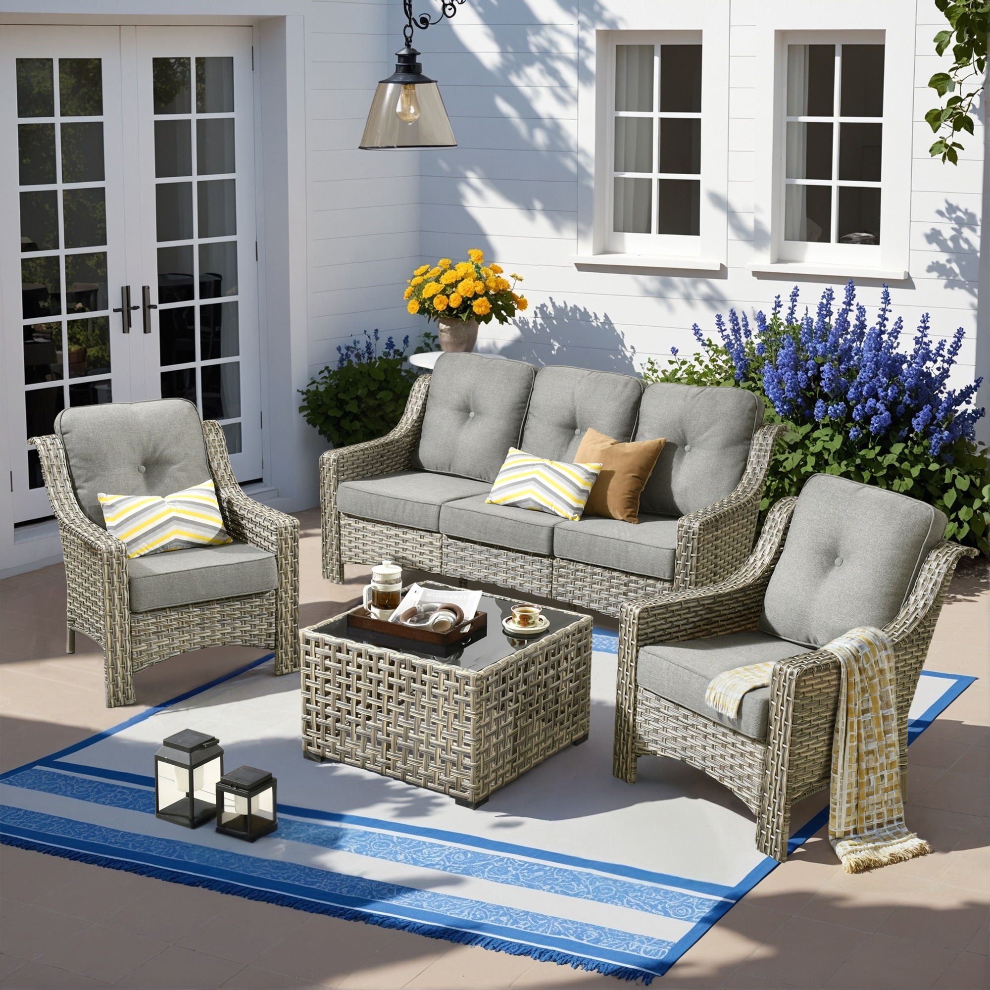 Caodoc L5-PAD204-T New right-Angles Rattan Outdoor Sectional with Gray Cushions and Rattan Frame