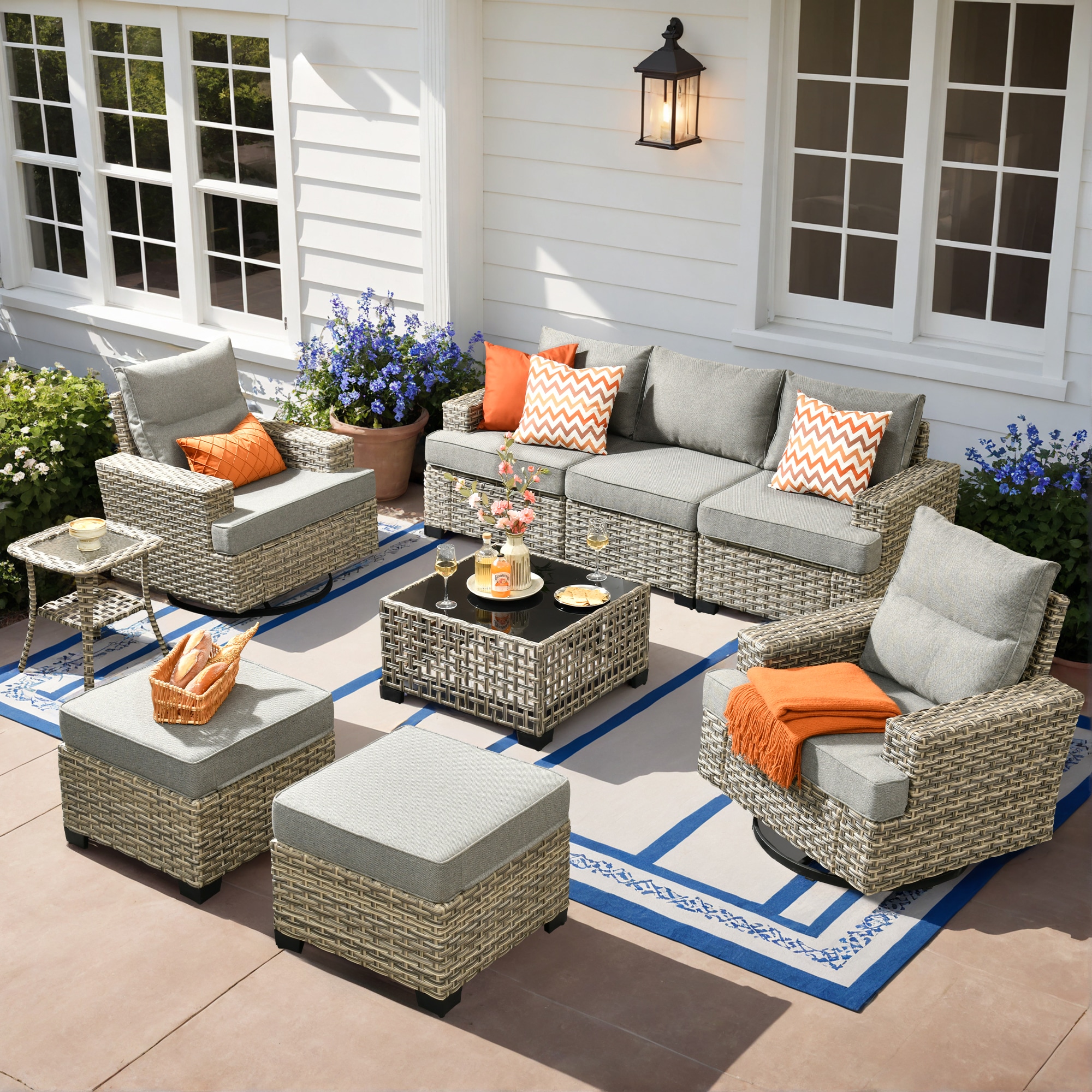 XIZZI XITBS2074-RC3 Agate 7 -Piece Rattan Patio Sofa Conversation Set with Dark Gray Cushions