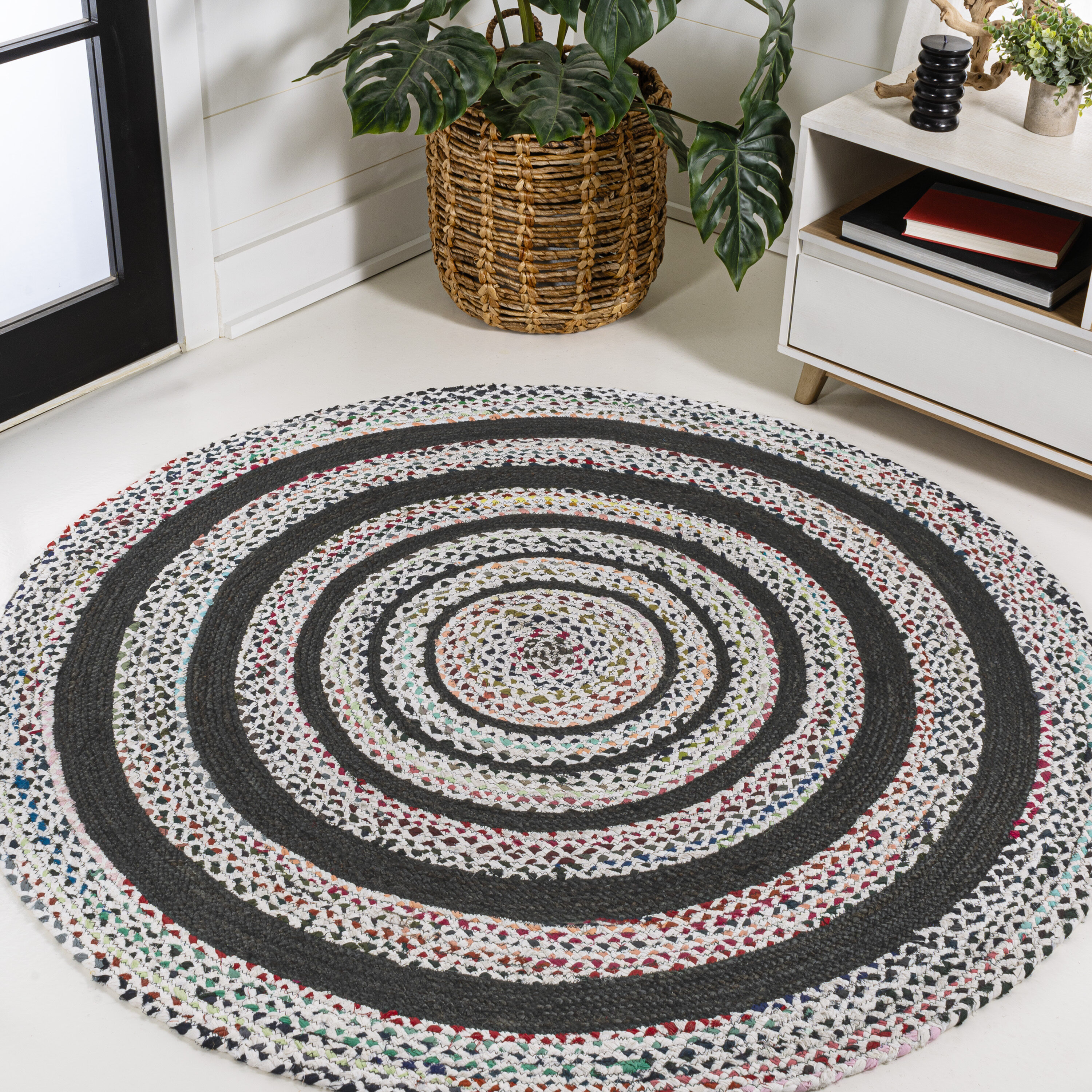 JONATHAN  Y RNF117B-4R ANSA Abyss Coastal 4 x 4 (ft) Braided Jute White/Multi Round Indoor Geometric Farmhouse/Cottage Area rug