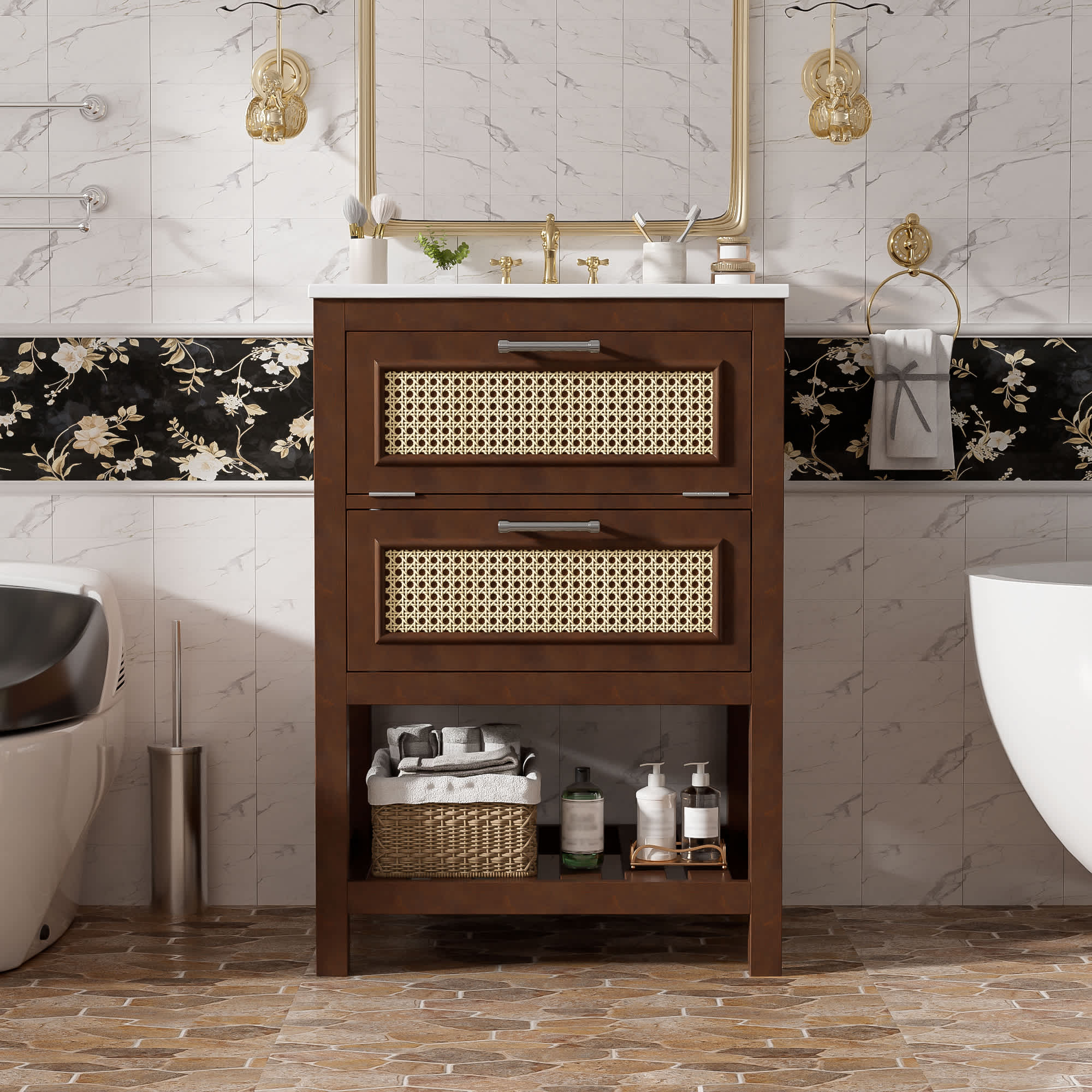 MooxvMoo 24 inch Bathroom Vanity with Integrated Ceramic Sink Bathroom Cabinet with 1 Deep Drawer and 1 Tip-Out Drawer