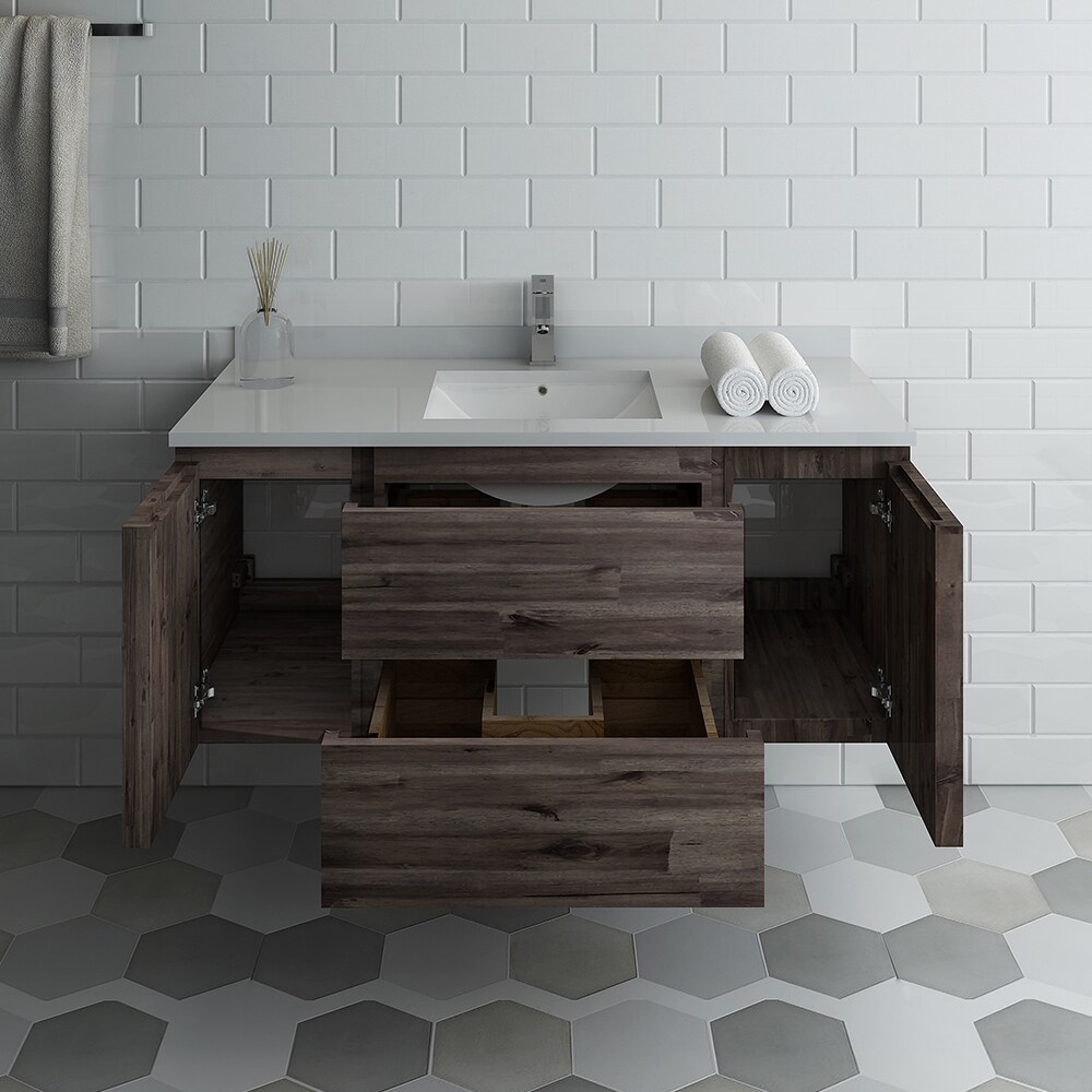 Formosa 48" Wall-Mounted Transitional Bathroom Vanity in Brown with Quartz Top