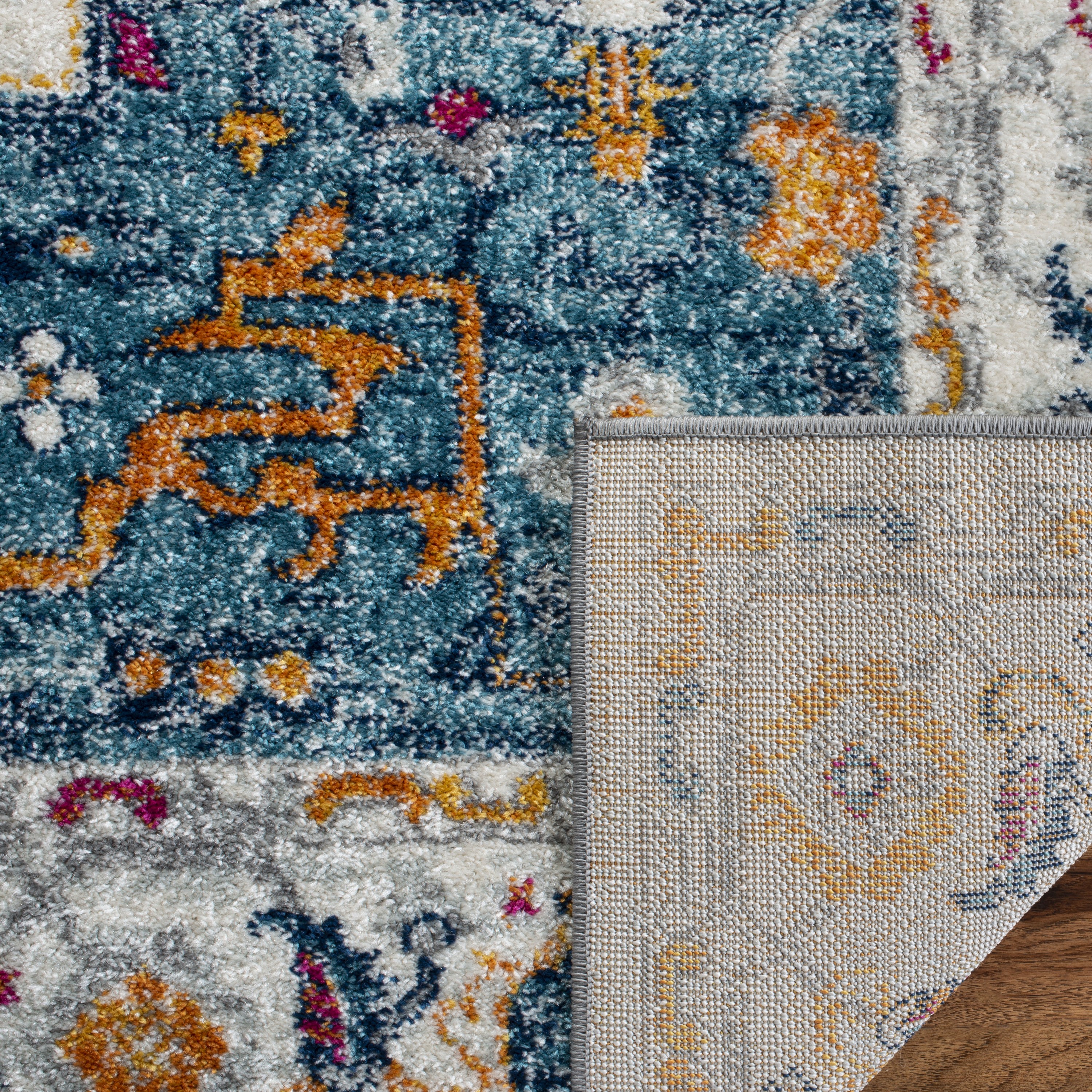 Ivory and Turquoise Rectangular Synthetic Area Rug, 3' x 5'