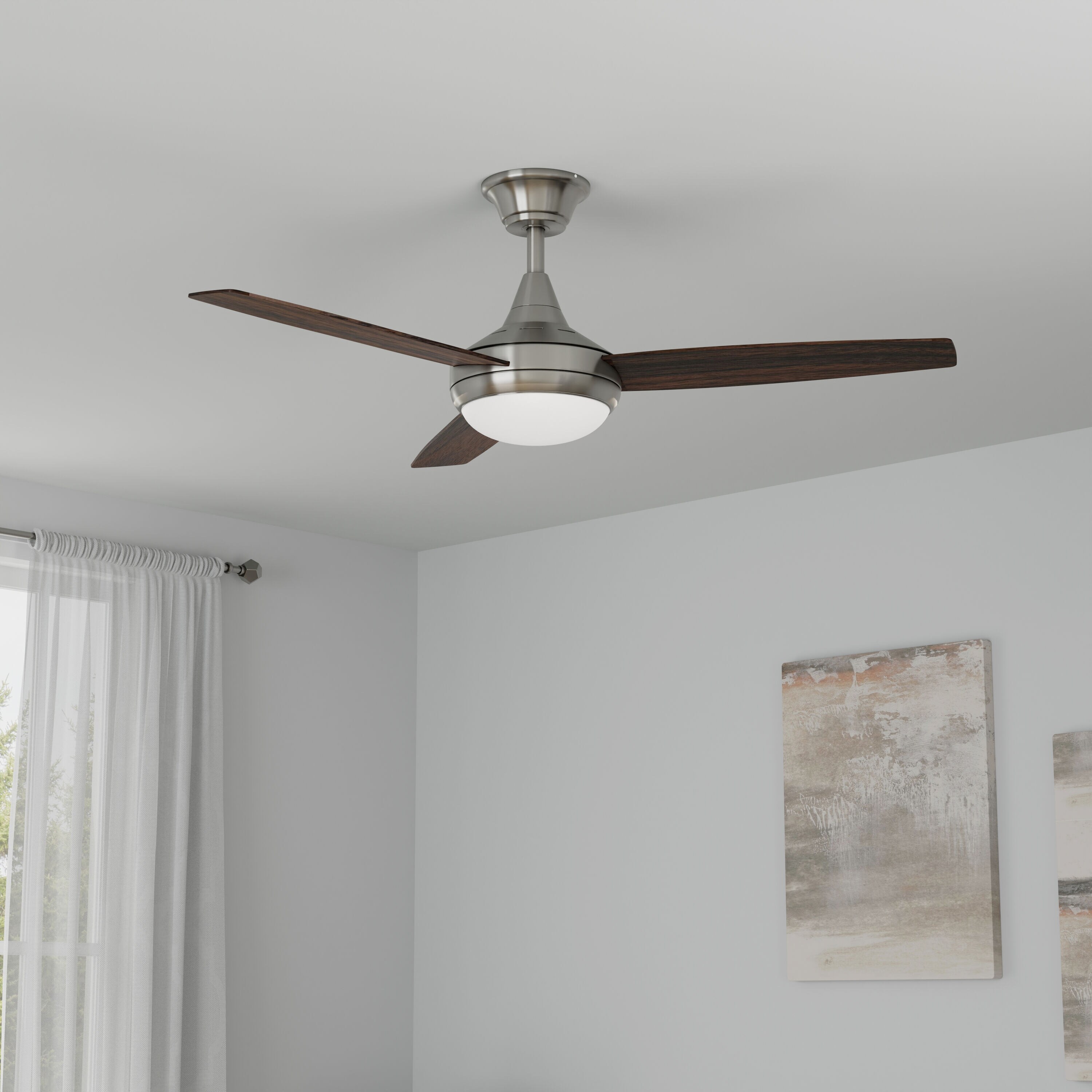 Harbor Breeze Beach Creek 52-in Brushed Nickel with Sable/Mink Blades Integrated LED Indoor Downrod or Flush Mount Ceiling Fan with Light and Remote (3-Blade)