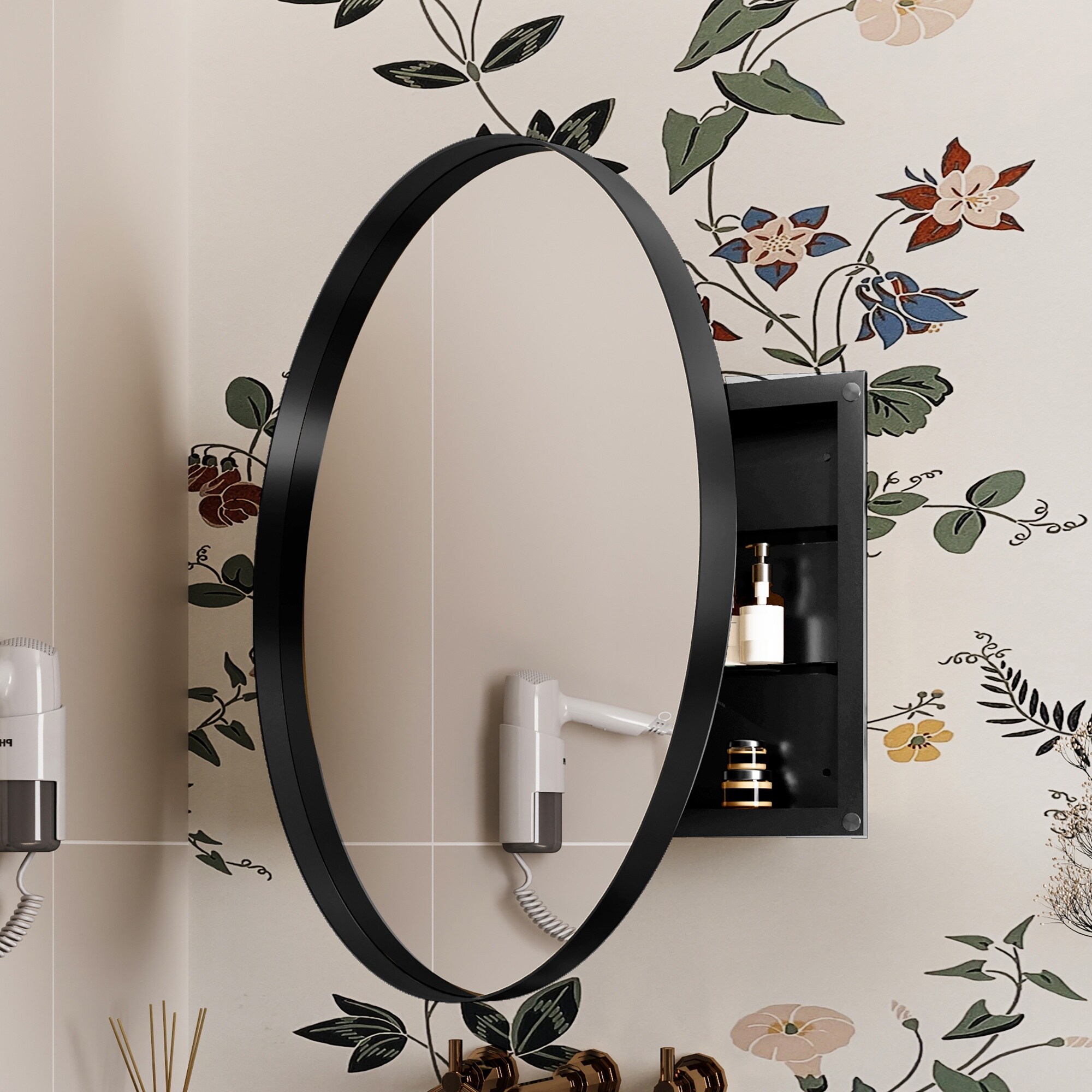 Lirago 31.5 inch Surface Mount Round Metal Framed Medicine Cabinet with Mirror and Adjustable Shelves Black Wall Mirror with Storage for Bathroom Matte Black