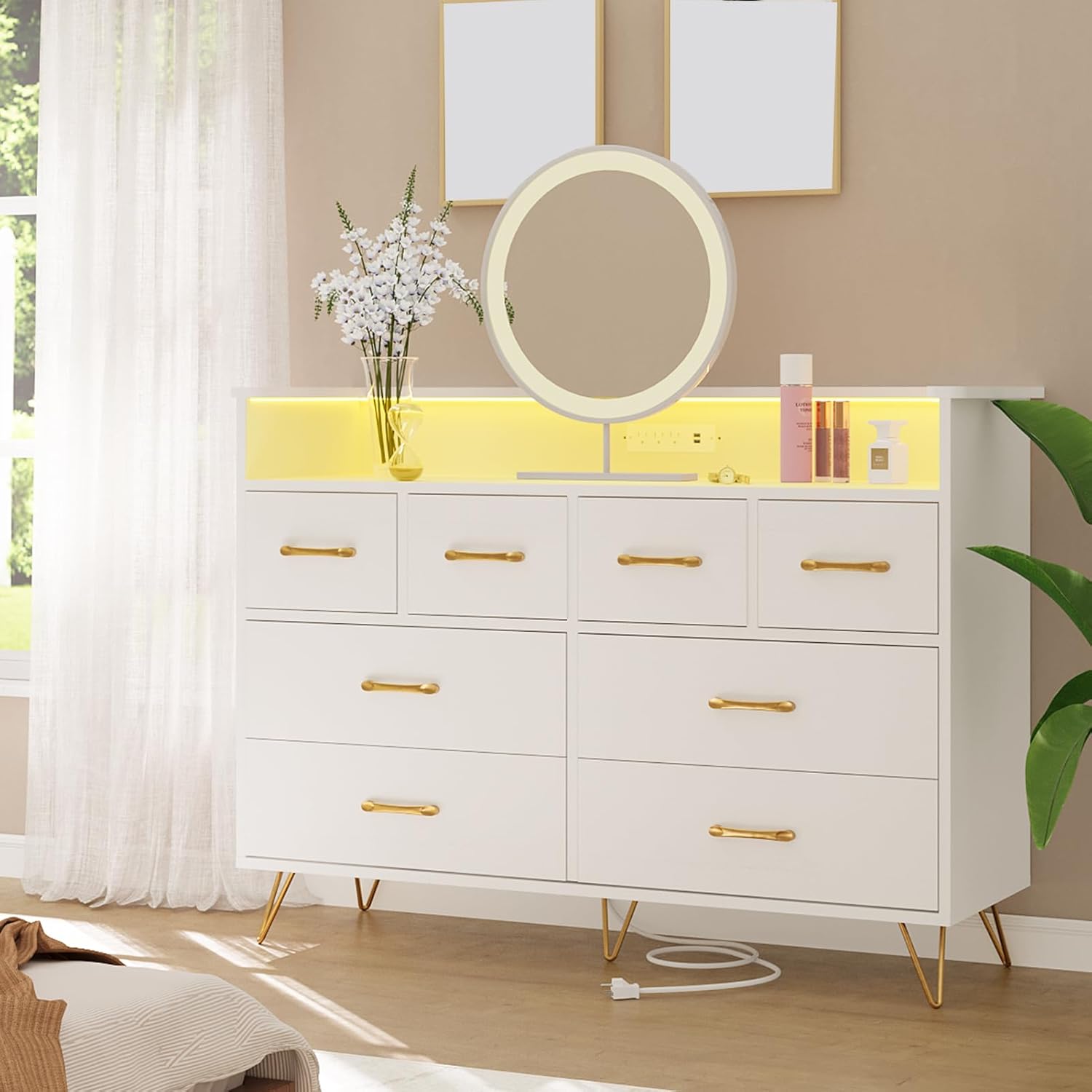 Der Rose ML-PHO-339WFUHY 8 Drawer Dresser with LED Lights and Charging Station Modern Chest of Drawers TV Stand for Bedroom Living Room Black Durable Wood Metal Frame Versatile Storage Easy Assembly White