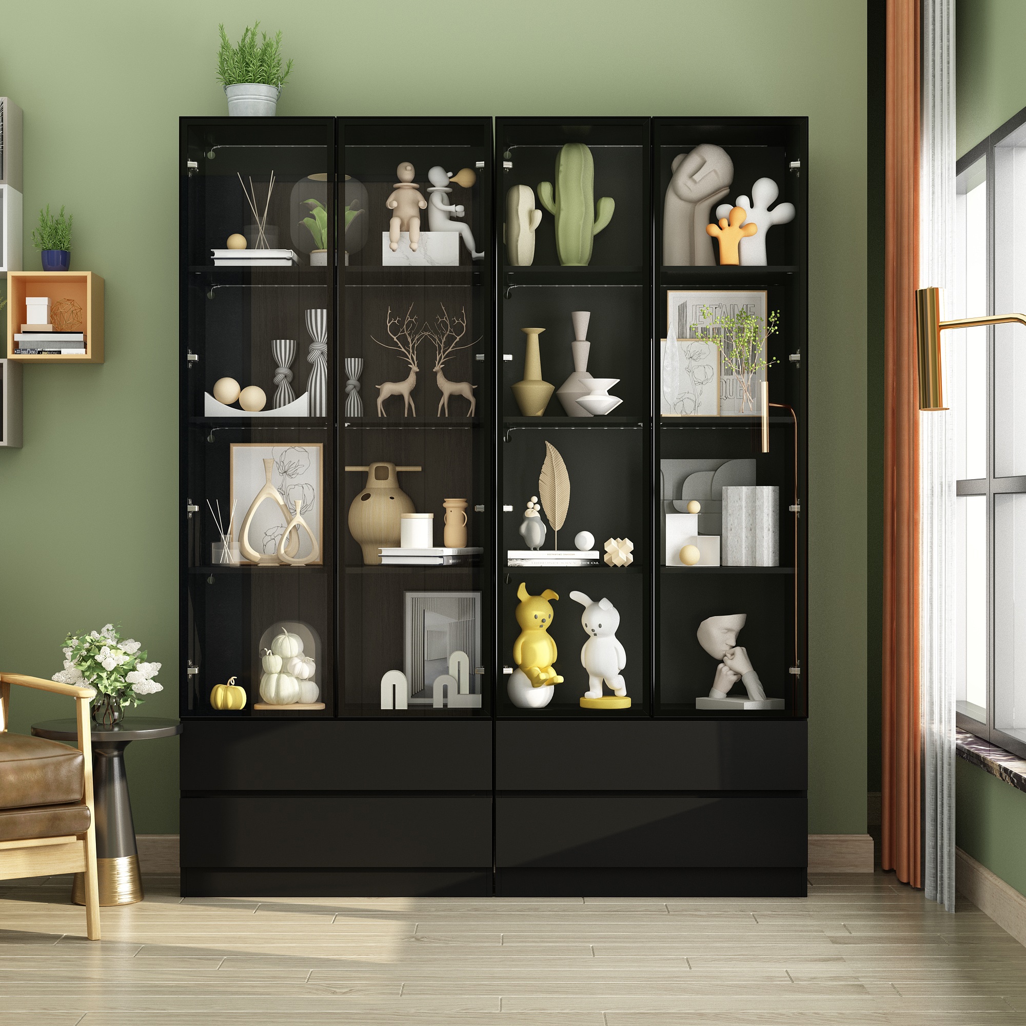 FUFU&GAGA KF020375+375 Black MDF 4 -Shelf Oversized set Bookcase with Doors ( 63-in W x 78.7-in H x 14.2-in D ) Finished